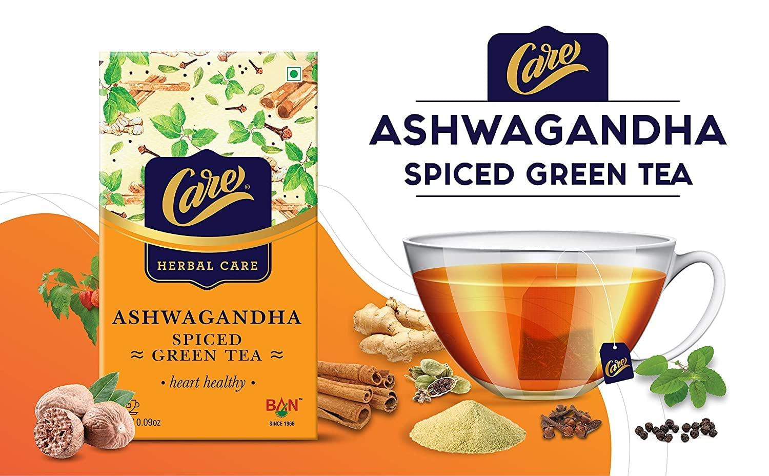 CARE CARE Ashwagandha Spiced Herbal Green Tea|75 Tea Bags (3 Packs X 25 Tea Bags Each)|Desi Kahwa|Detox Tea|Boosts Immunity Stress Relief|Detoxification, 2.55 Gram