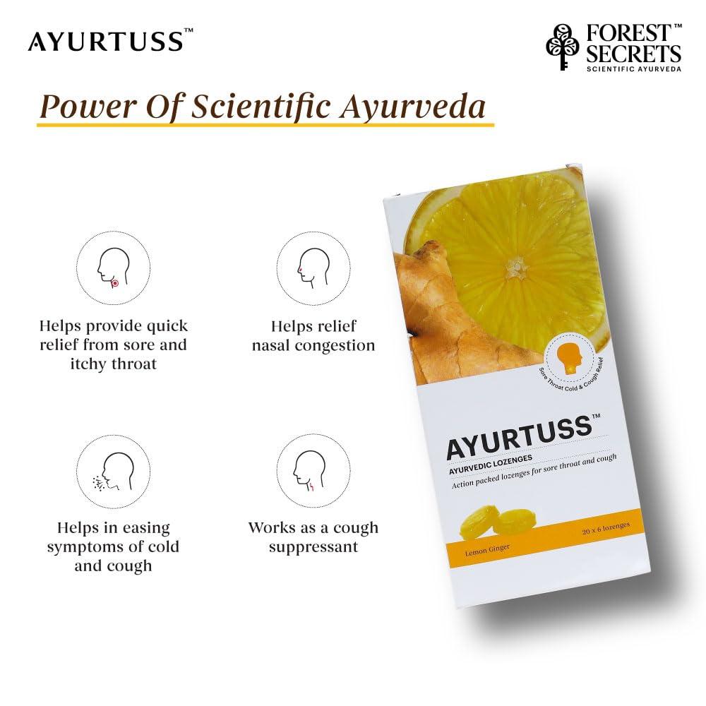 FOREST SECRETS Forest Secrets Ayurtuss Ayurvedic Lozenges| Sore Throat & Cough Relief| For Itchy Throat| Lemon Ginger - 20 X 6\'S