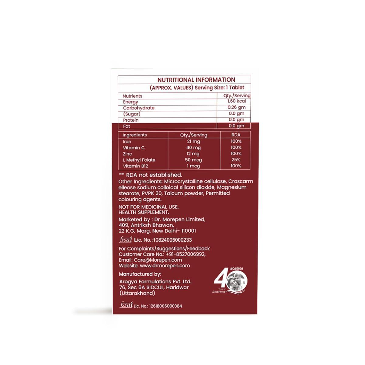 Dr. Morepen Dr.Morepen Iron & Zinc Tablets | Enriched with Iron, Zinc, Vitamin C & B12 | Natural & Safe for Men & Women | 60 Veg Tablets Pack of 2