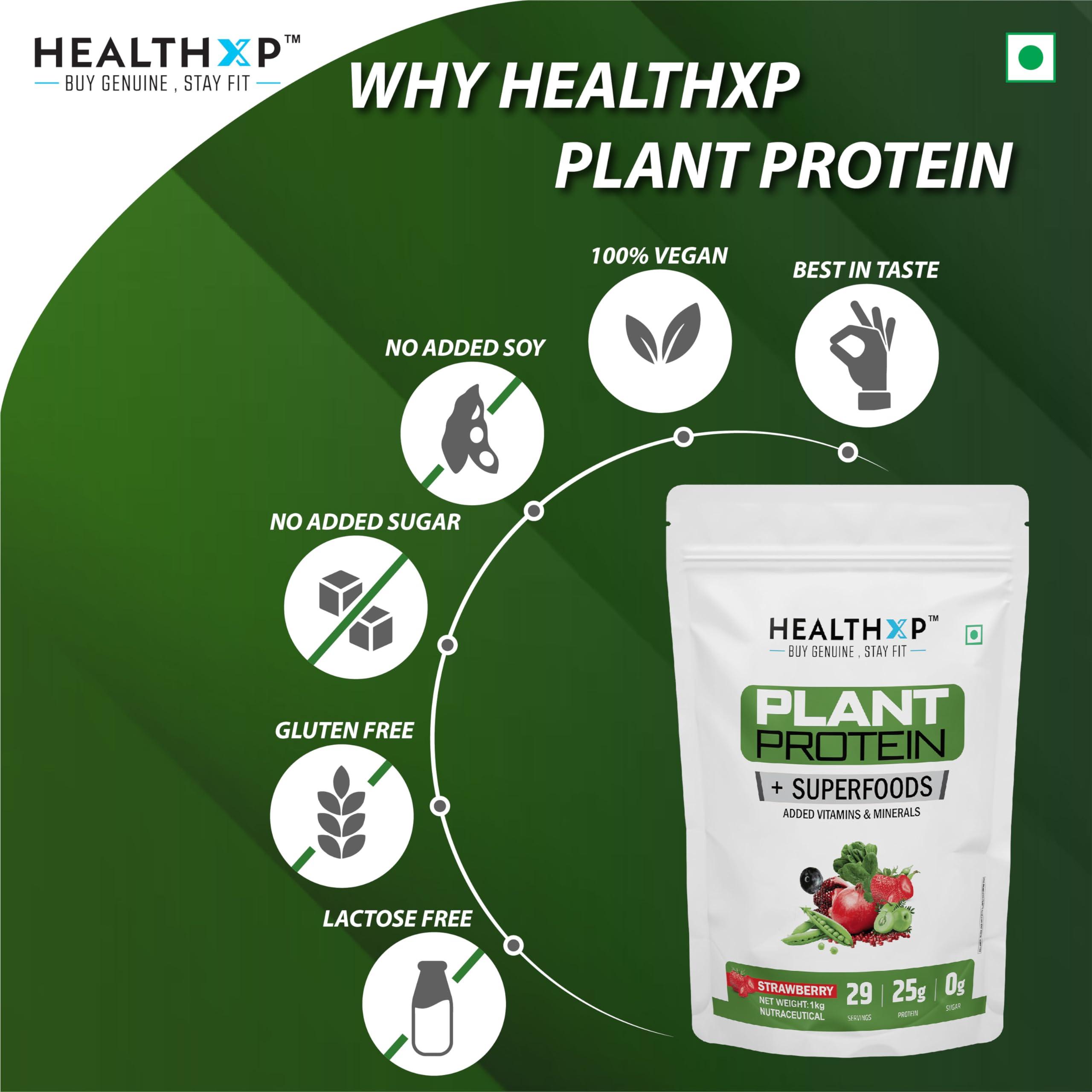 HealthXP HealthXP Plant Protein, 25g Protein, No Added Sugar, Vegan and Enriched with Minerals, Vitamins, Superfoods (Strawberry, 1 KG)
