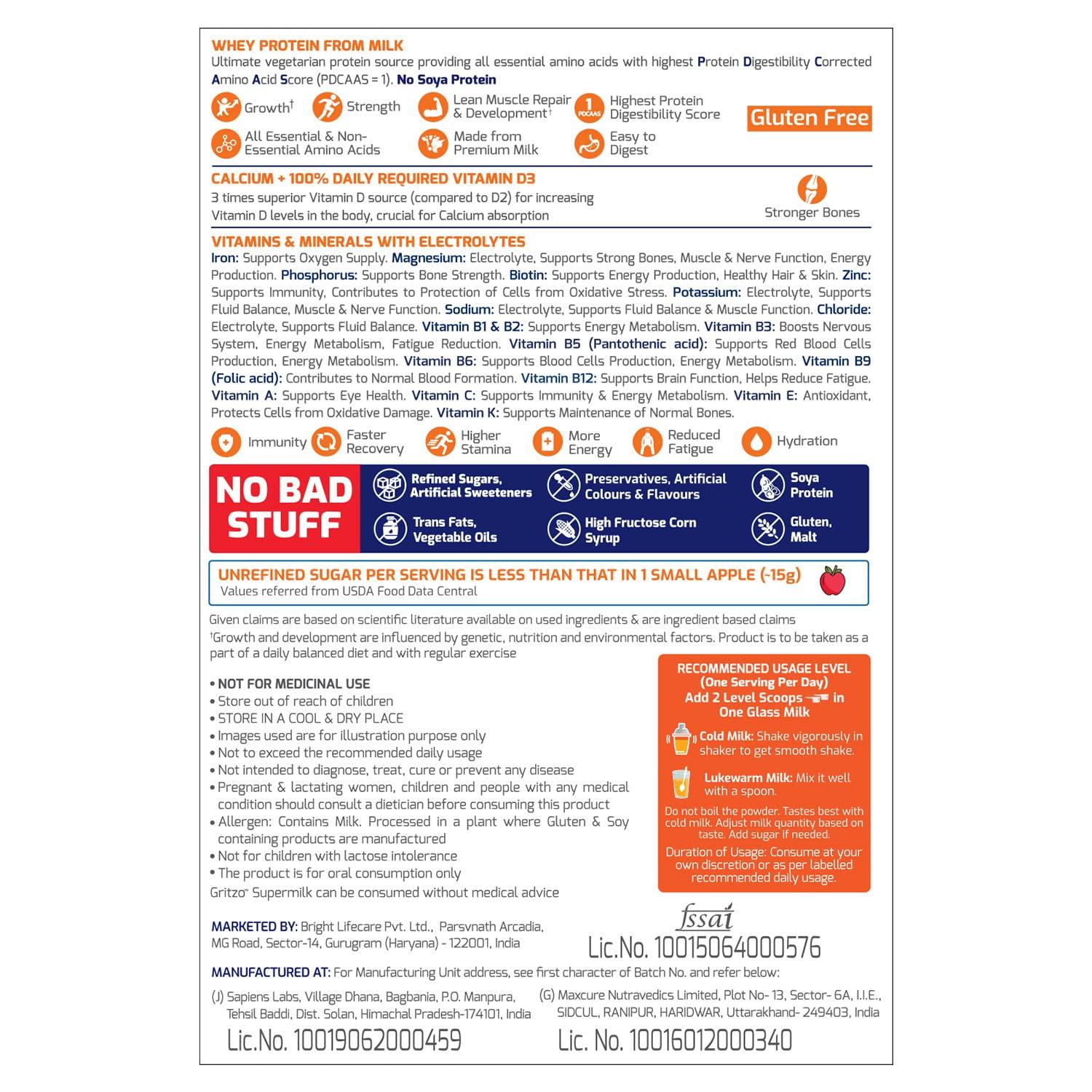 Gritzo Gritzo Supermilk Daily Nutrition Powder (8-12Y Young Athlete)-Mango Delight, 400G|9G Protein With Zero Refined Sugar