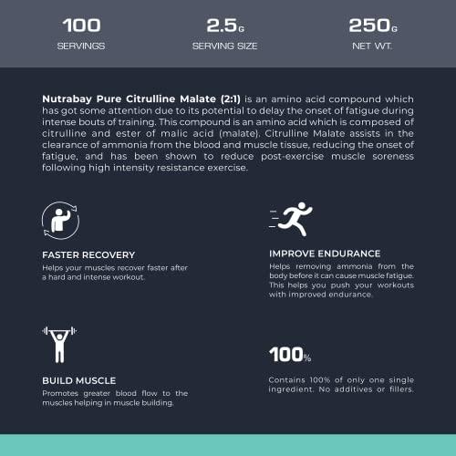 Nutrabay Nutrabay Pure 100% Citrulline Malate Powder - Boosts Nitric Oxide, Pre Workout supplement for Men & Women - 250g Unflavoured