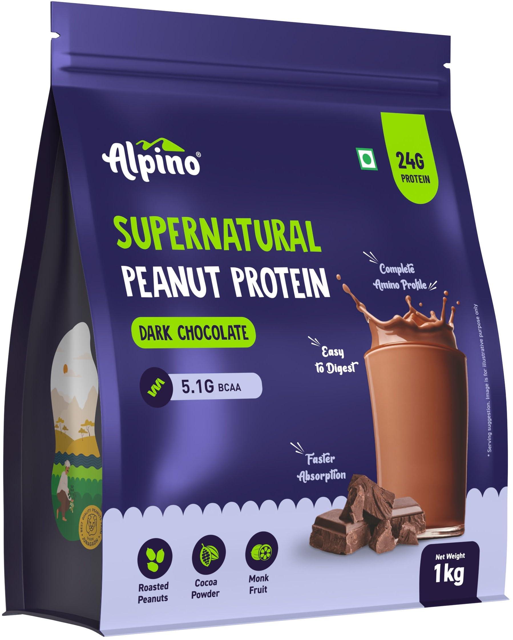 Alpino Alpino Supernatural Peanut Protein Powder Dark Chocolate 1kg - 100% Plant-Based, High-Performance Protein - 24g Protein, 5.1g BCAAs, No Added Sugar, Gluten-Free, Non-GMO, Vegan