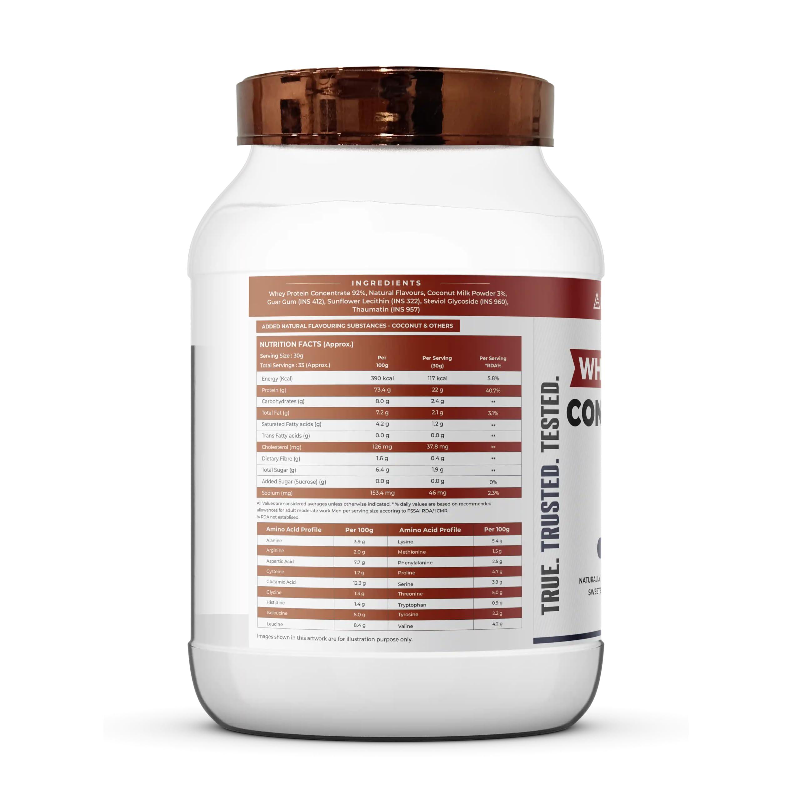 NATURALTEIN NATURALTEIN Natural Whey Protein Concentrate Coconut - 1 kg (Naturally flavored, Non GMO, No Artificial Sweeteners)