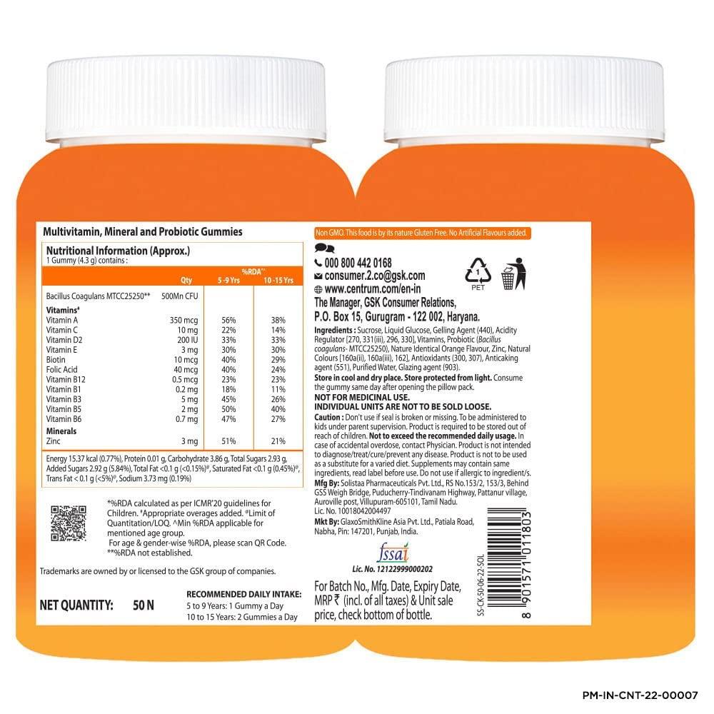 Centrum Centrum Kids, Multivitamin with Probiotics, Vitamin C & 11 other nutrients(Veg) - 50 Gummies & Centrum Kids, Multivitamin with Probiotics, Vitamin C & 11 other nutrients(Veg)- 30 Gummies