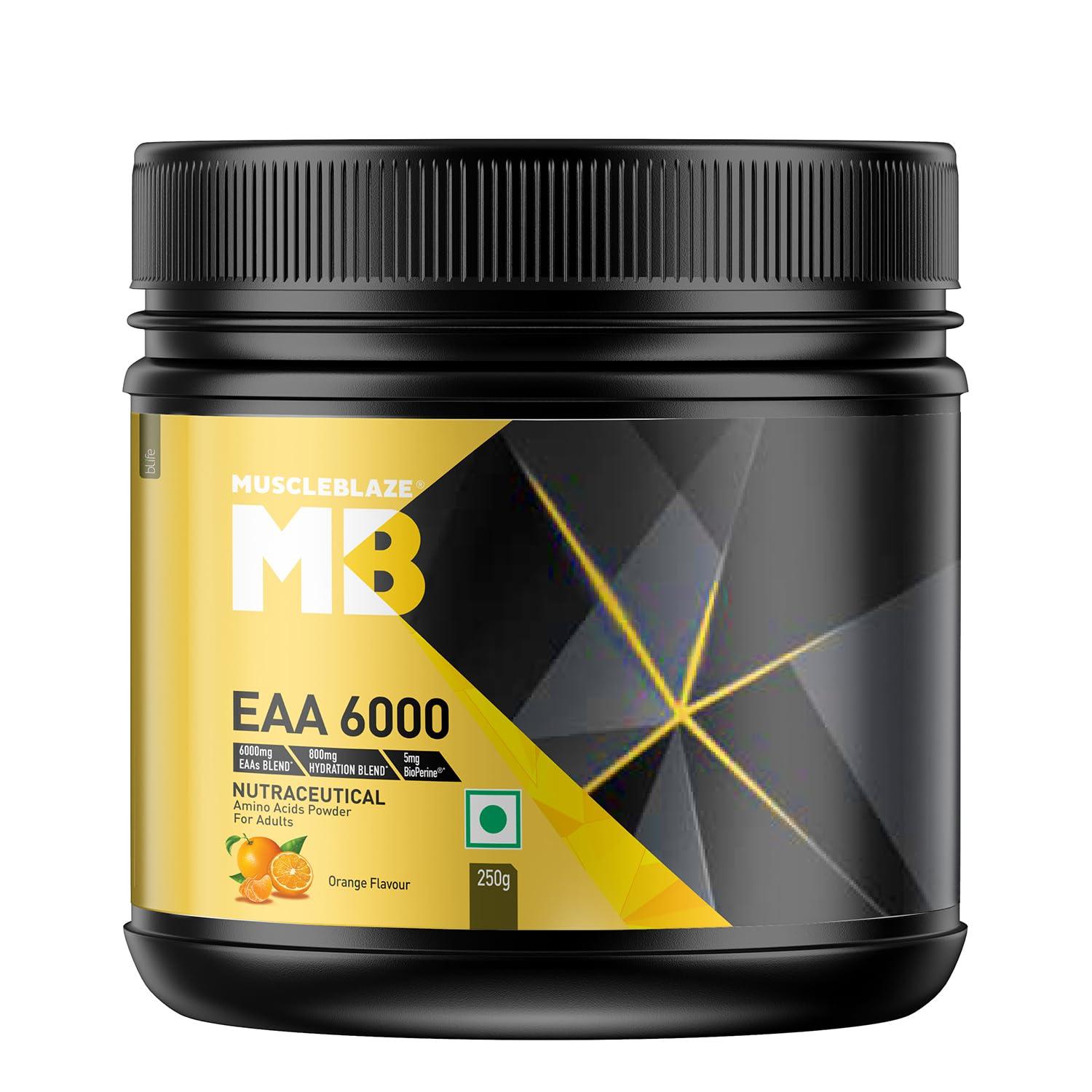 MuscleBlaze MuscleBlaze EAA 6000, 6000mg EAAs Blend Powder (Orange Flavour, 250g, 25 Servings) | 800mg Hydration Blend & 5mg Bioperine