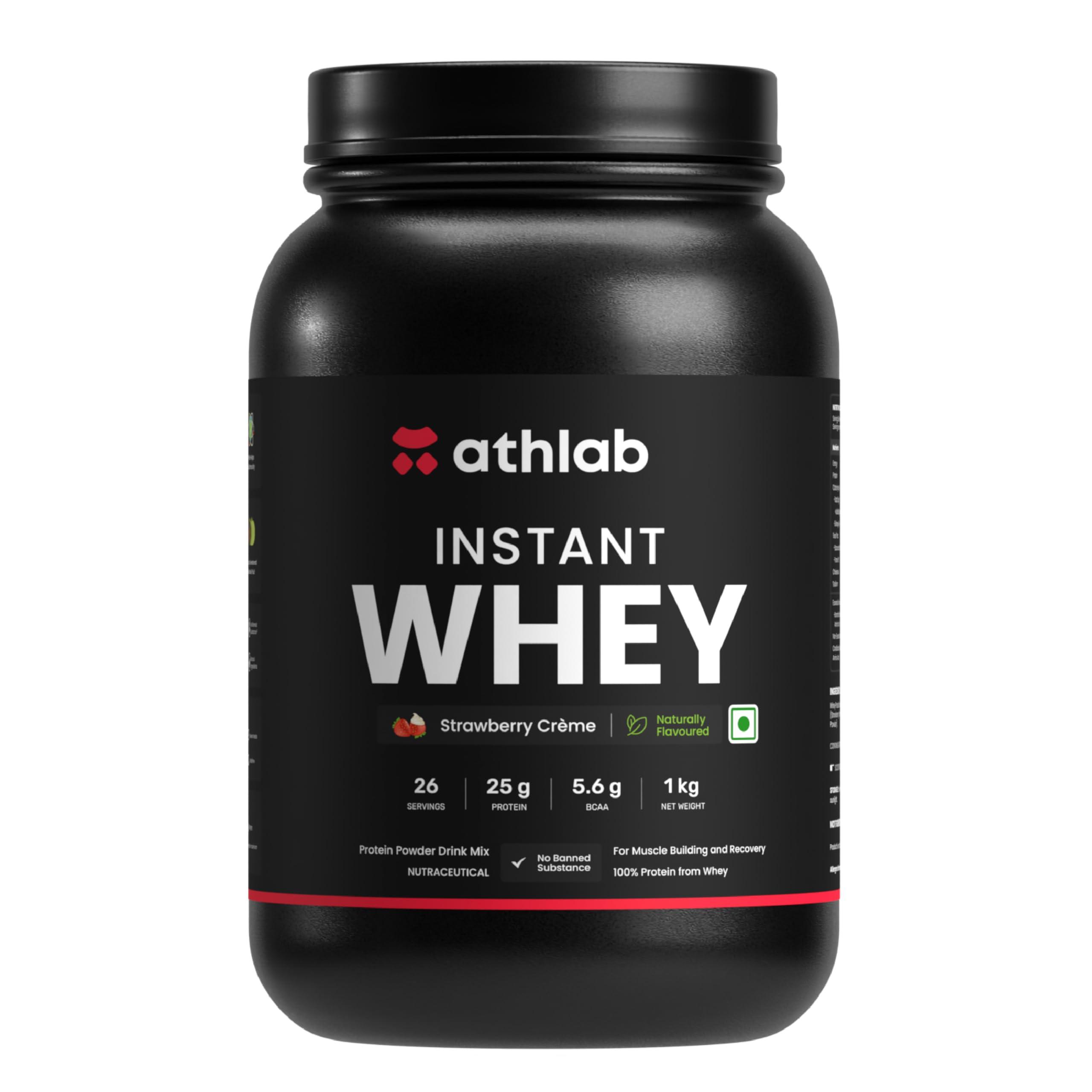 Athlab Athlab (by Nutrabay) Instant Whey Protein Concentrate Powder - 1kg, Strawberry | 25g Protein, 5.6g BCAA | Easy to Digest | Lab Tested | Naturally Flavored & Sweetened with Monkfruit | For Men & Women