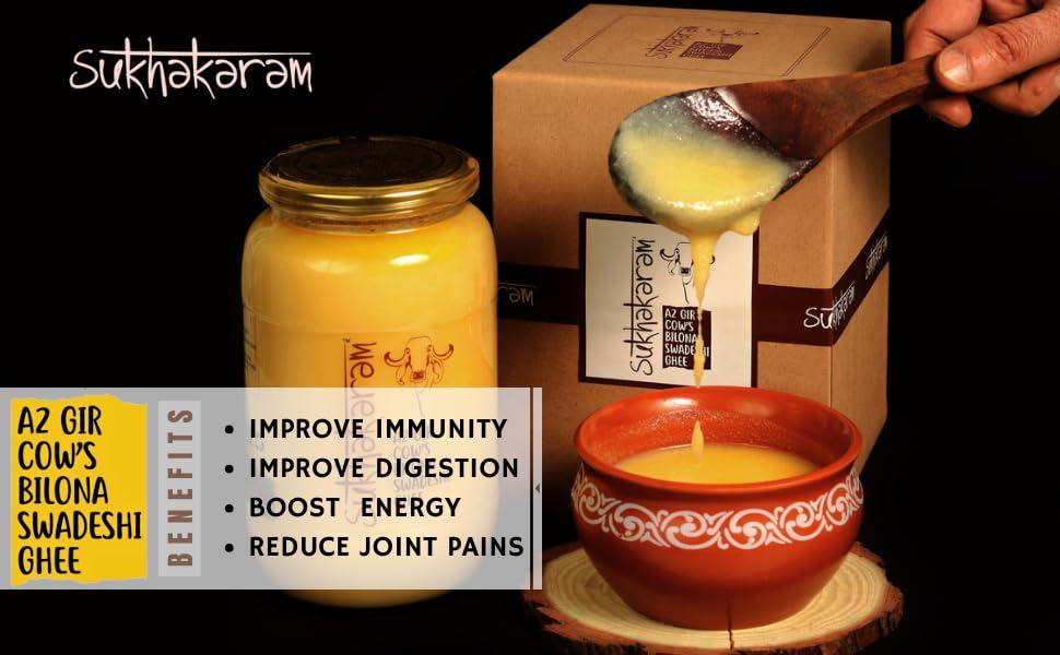 SUKHAKARAM SUKHAKARAM A2 GIR COW GHEE 500 ml | ORGANIC GRASS FED INDIAN GIR COW | TWO WAY WOOD CHURNED WITH BILONA METHOD | GLASS BOTTLE | PURE, NATURAL AND HEALTHY