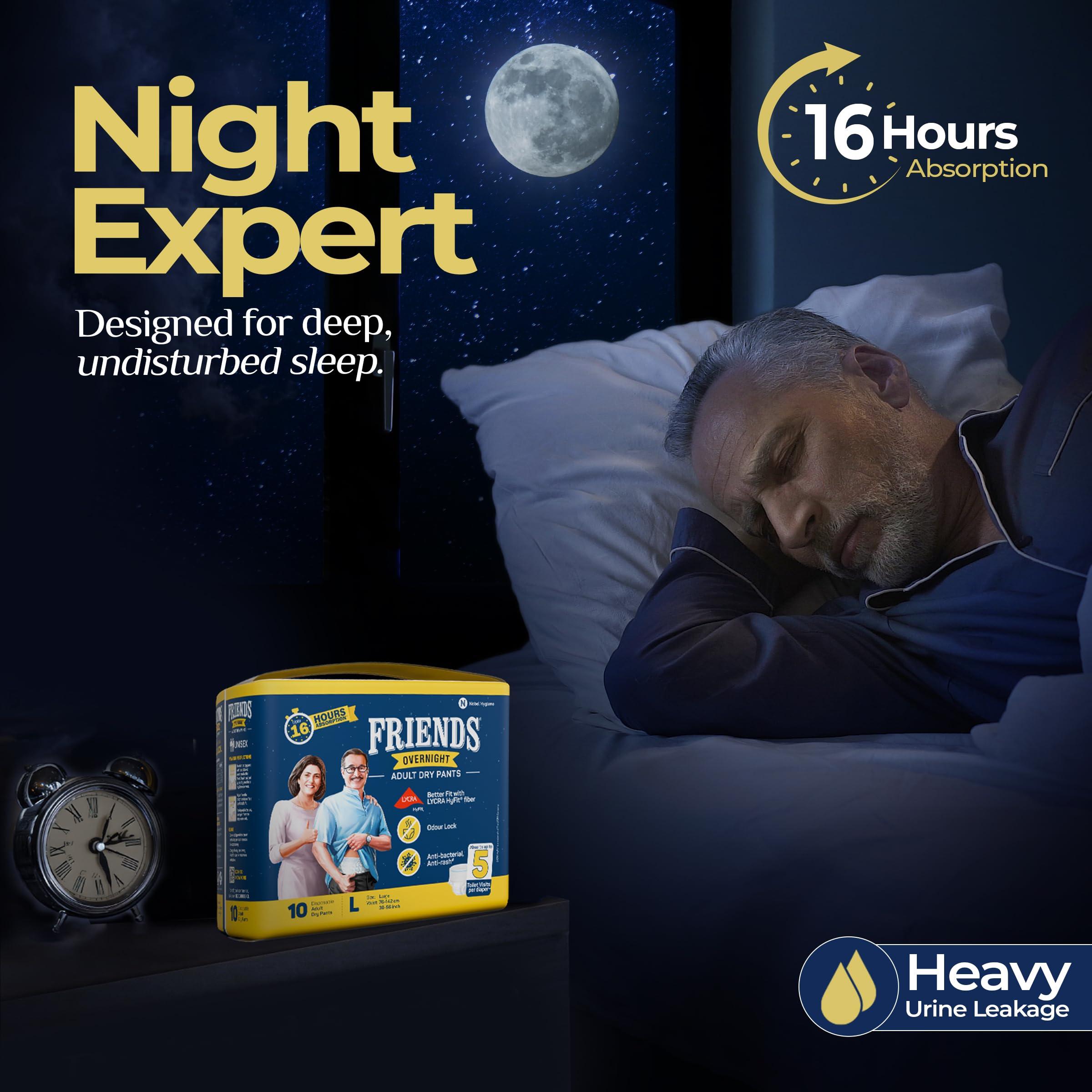 Friends Friends Overnight Adult Diapers Pants Style - 40 Count (Large) with odour lock, Unisex, Leakproof, Elastic Waist and Anti-Bacterial Absorbent Core - Waist Size 30-56 Inch; 76-142 cm