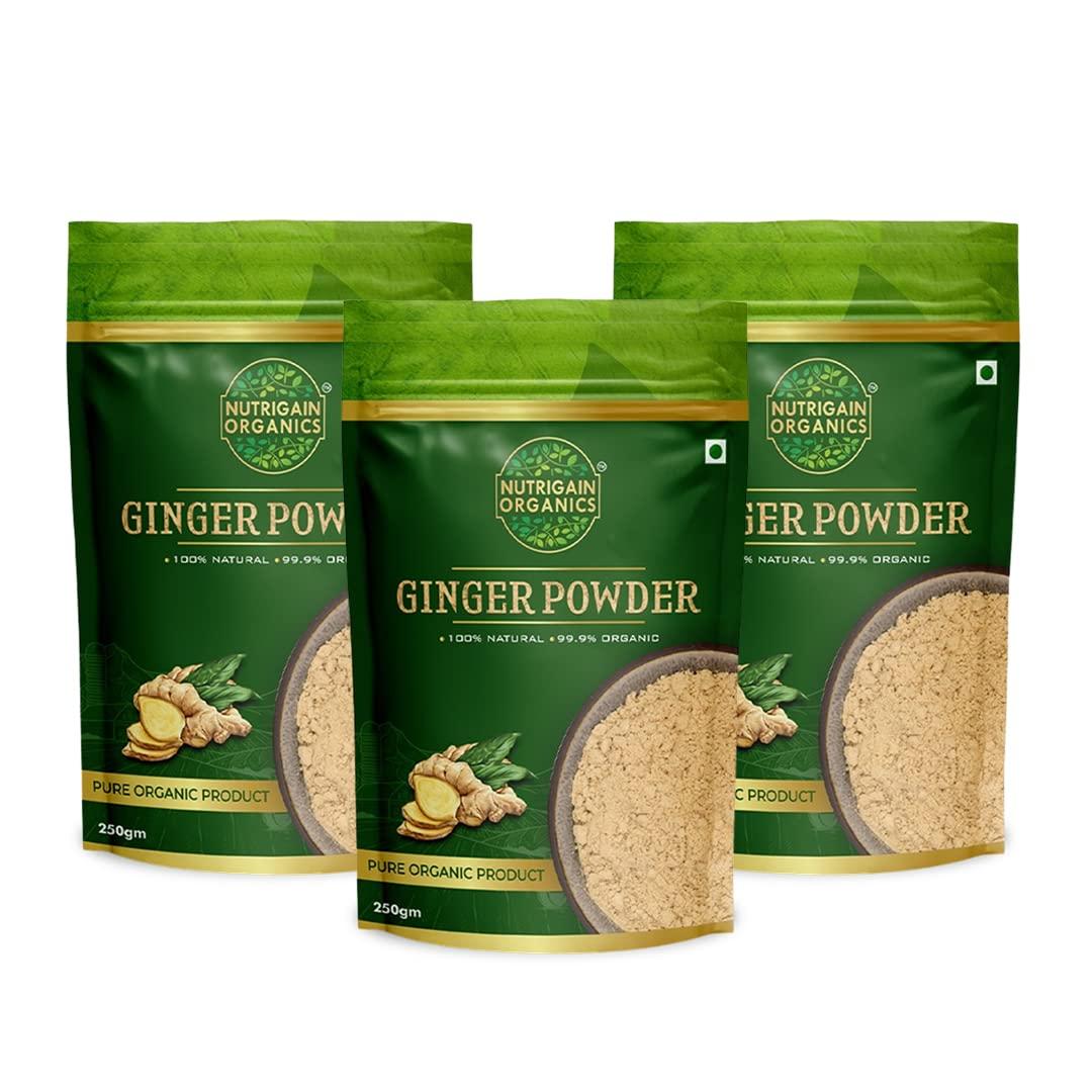 NUTRIGAIN ORGANICS Nutrigain Organic Ginger Powder | 100% Pure Adrak | Use In Tea Or Cooking | Premium And Desi Sunth | Fresh And Fine Powder | 250 grams Pack Of 3