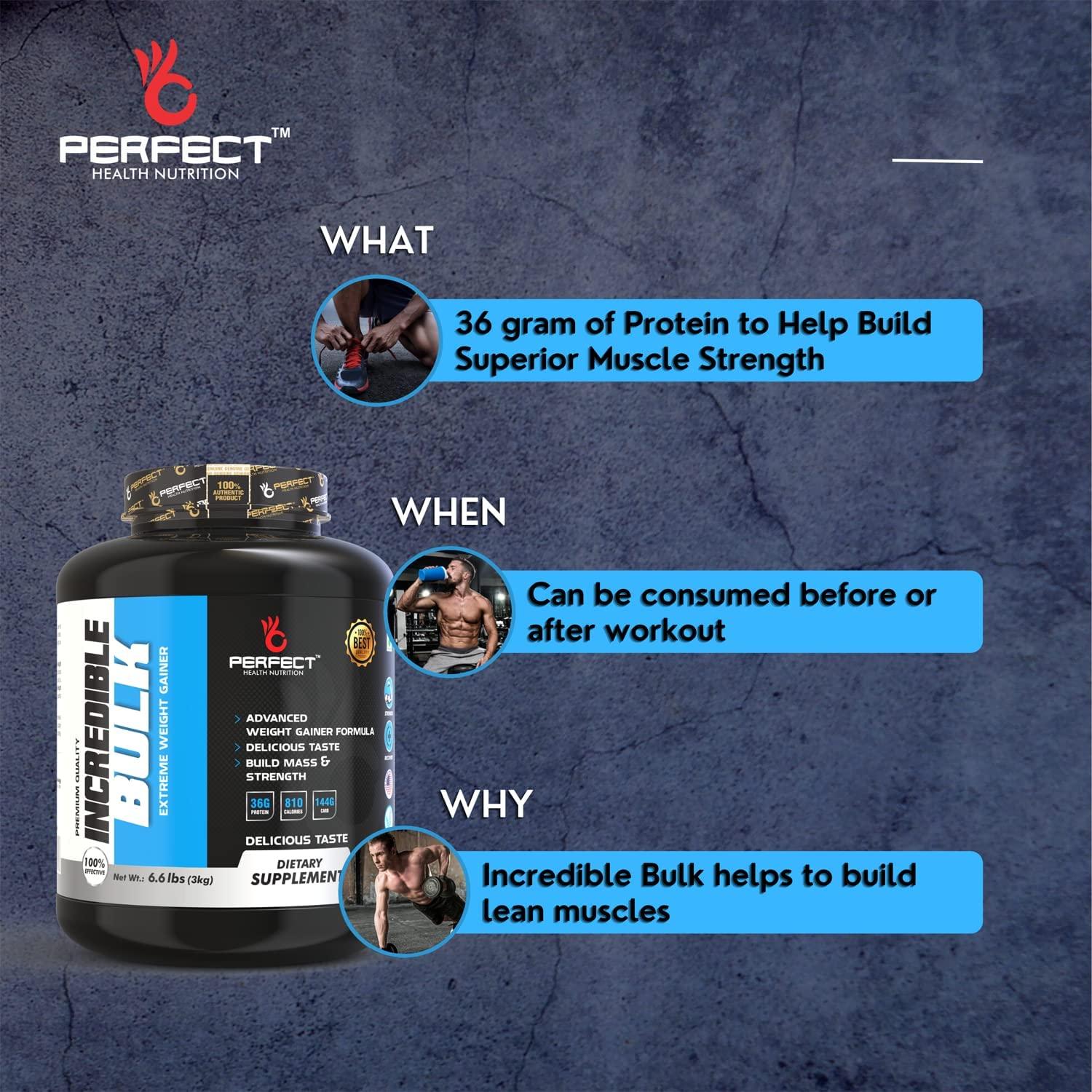 PERFECT HEALTH NUTRITION Perfect Health Nutrition Incredible Bulk Extreme Weight Gainer with Digestive Enzymes 810 Calories & 36 gm Protein Gain Strength & Size Weight Gainer (6.6 lb) New (Vanilla, 3 Kg)