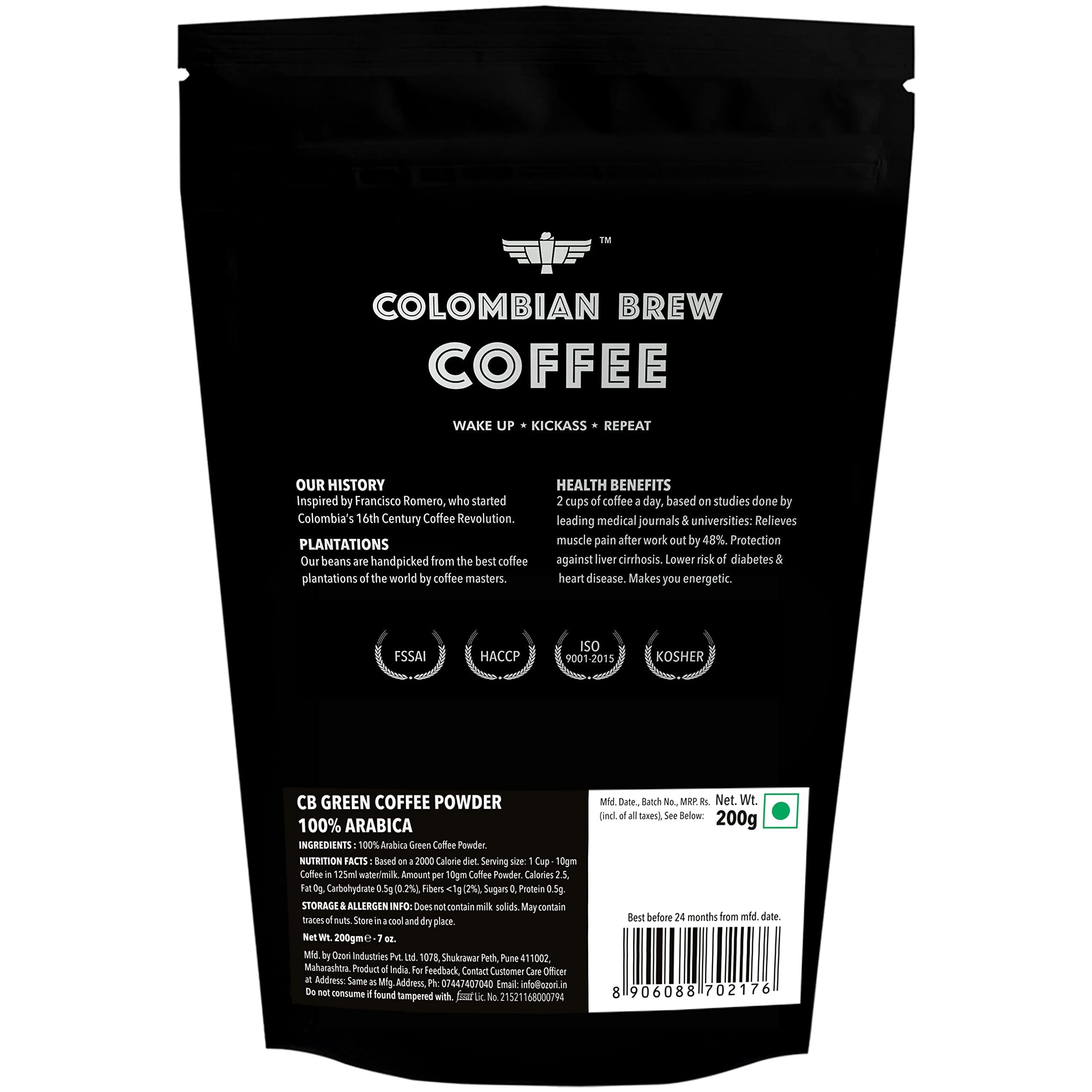 COLOMBIAN BREW COFFEE Colombian Brew Coffee, 100% Arabica Green Coffee Powder 200g & Colombian Brew Blueberry Chocolate Mocha Instant Coffee, No Sugar Vegan, 50g