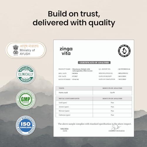 Zingavita Zingavita Himalayan Shilajit Original (750mg) Effervescent Tablets, With Ashwagandha, Gokshura & Safed Musli for Strength, Performance & Muscle recovery, Cardamom Flavour | Ayush Approved | Pack of 1