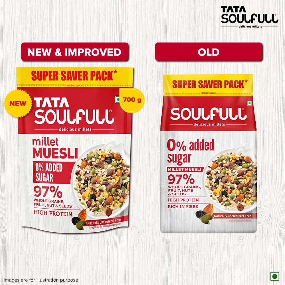 Soulfull Soulfull Millet Muesli- Diet, No Added Sugar, 700 g & Tata Soulfull Millet Muesli | Fruit & Nut | 25% Crunchy Millets | 90% Whole Grains | Source of Protein | 500 g