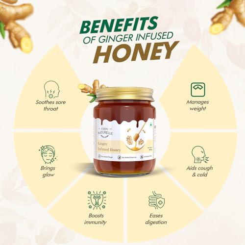 Farm Naturelle Farm Naturelle Healthy Ginger Infused Honey 300gm |100% Pure Honey| Raw & Unfiltered|Unprocessed|Lab Tested Honey In Glass Jar with Engraved Virgin Wooden Spoon