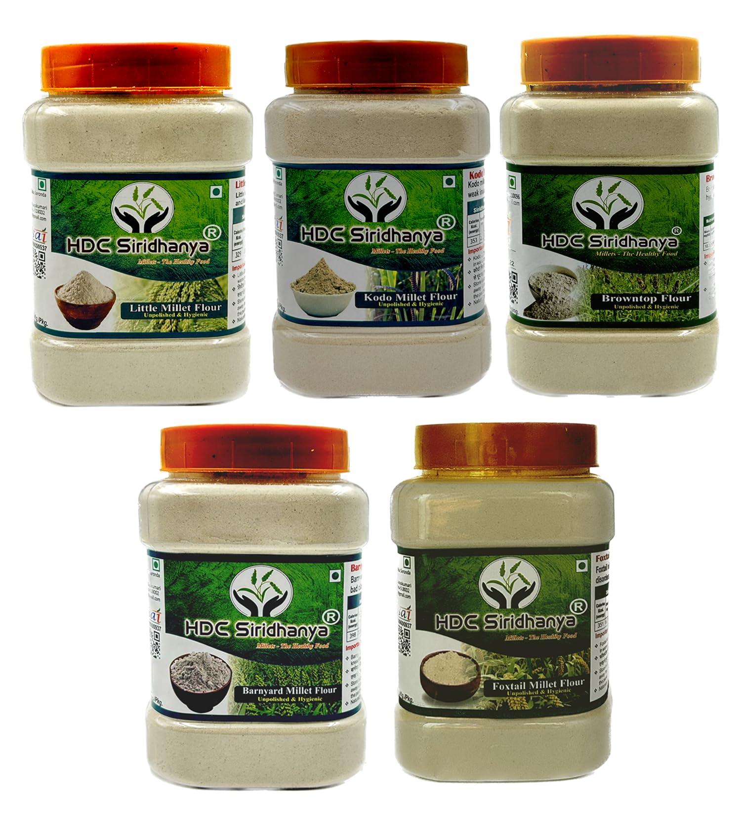 HDC Siridhanya Siridhanya Unpolised and organic millets Flour Combo Pack of 5, [Kodo, Foxtail, Browntop Barnyard, and Little Millet], Natural Farm Produce, High Fiber Millets Flour (750gm Each packed in jar)