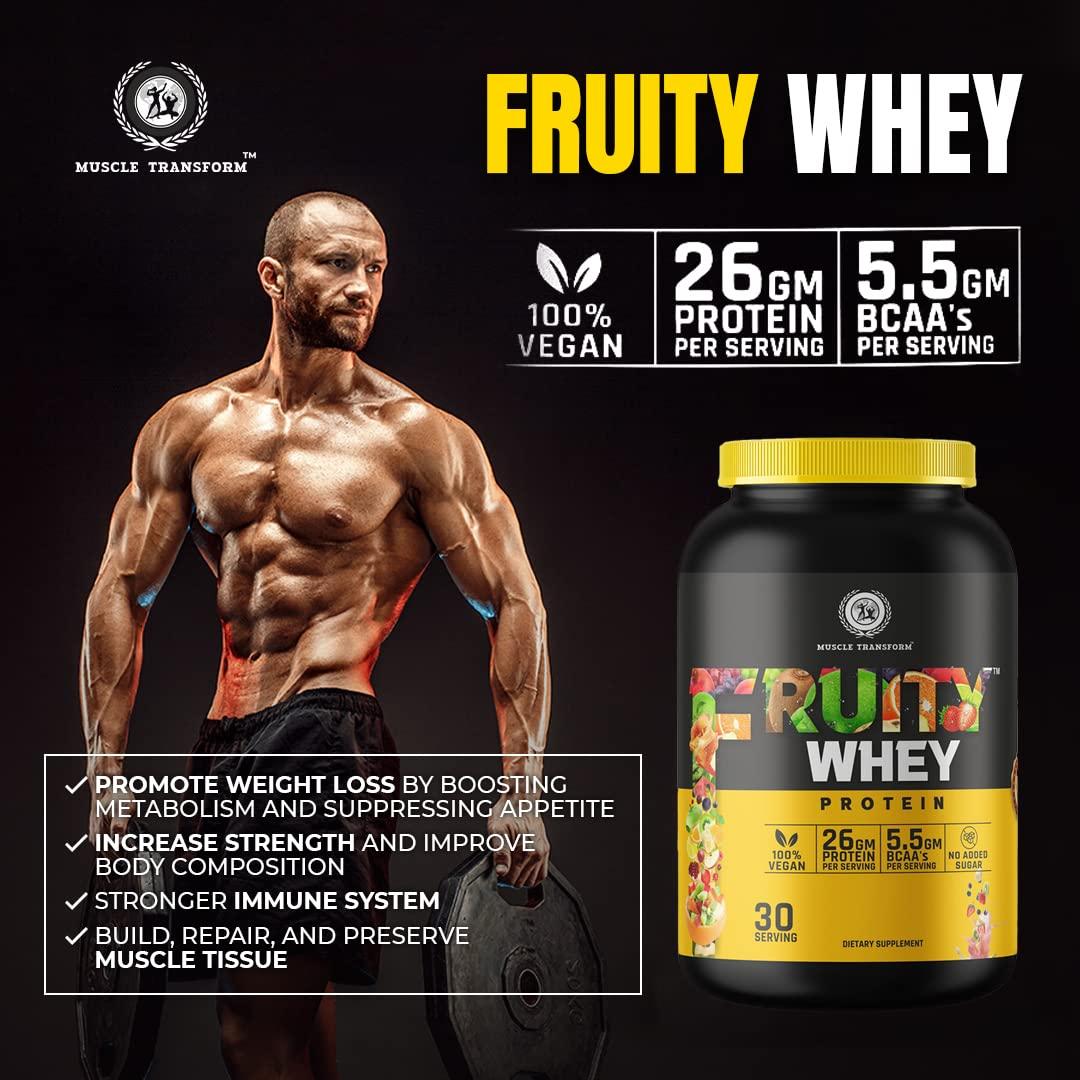 MUSCLE TRANSFORM Muscle Transform Fruity Whey Protein Isolate, 26g Protein, 5.5 BCAAs, 6g Glutamine, 15g EAA | Muscle-Building Whey Protein Supplement Powder, Refreshing Whey for Men Women [Litchi,1kg] Free Gym Shaker Sipper Bottle
