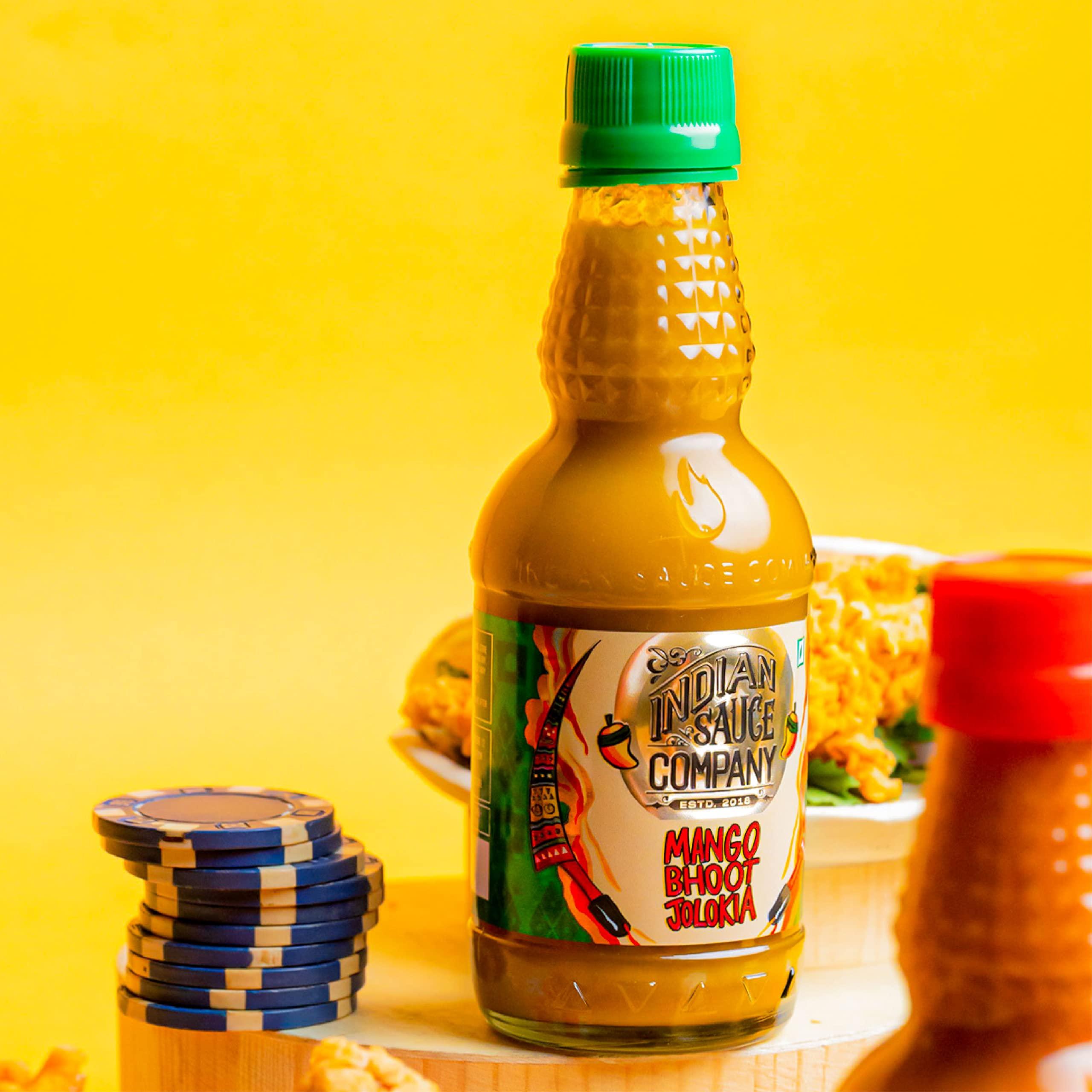 INDIAN SAUCE COMPANY Indian Sauce Company Mango Bhoot Jolokia Hot Sauce, 180 ml | Perfect Blend of Flavour and Taste | Spicy Level 6 on 10 | Bhut Jolokia Chilli Sauce For All Cuisines | Ghost Pepper Sauce | Made In India