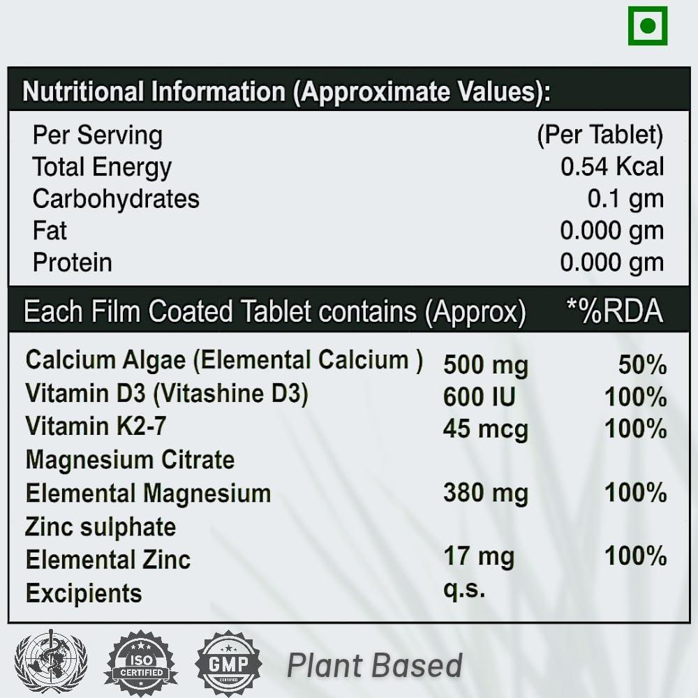 Tab Zyrocal Tab Zyrocal Plant Based Organic Algae Calcium D3 K2 Zinc Magnesium Tab | Supplement For Strong Bones | Safest Calcium | Osteoporosis Supplement, Bone Health Supplement | 30 Veg Tablets