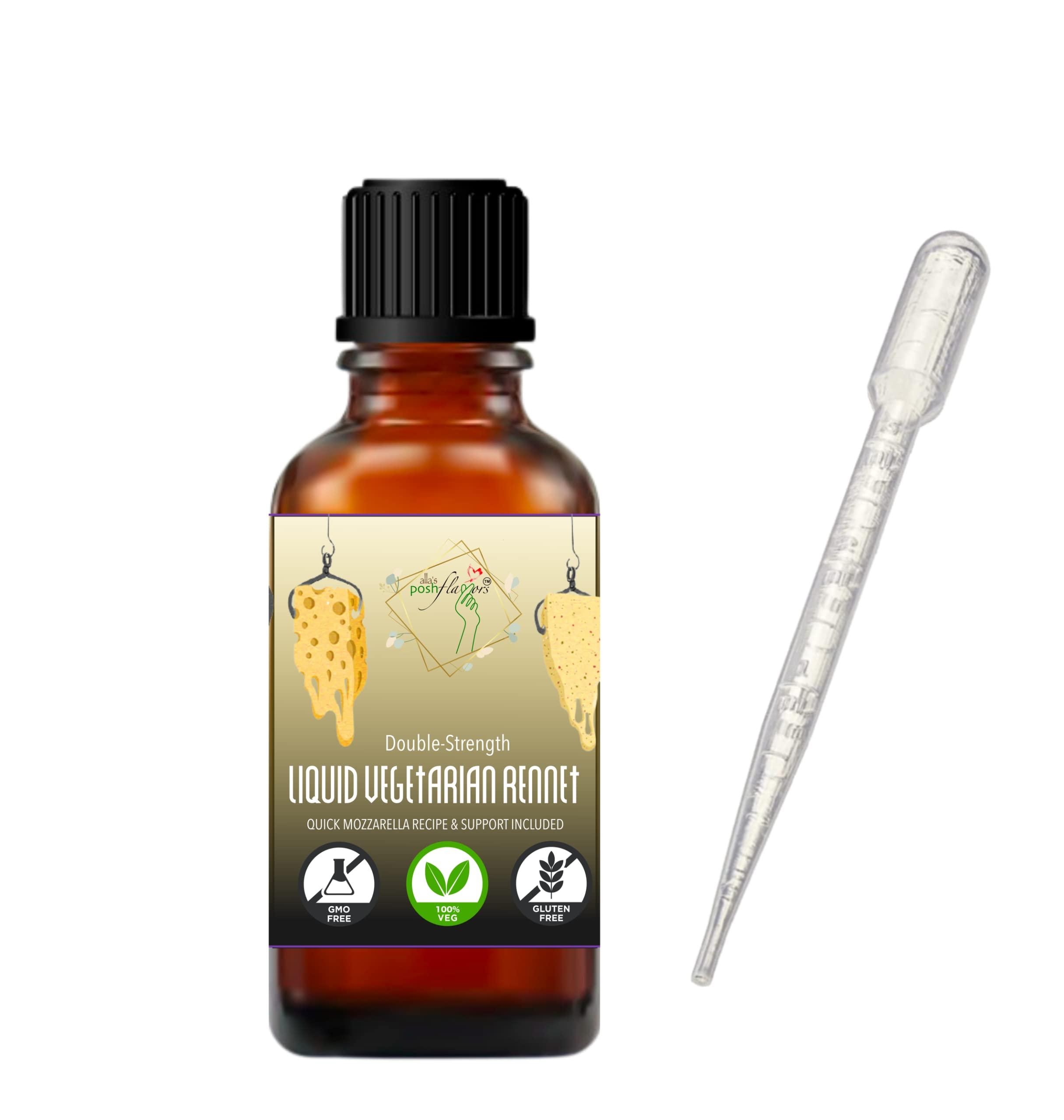 Alla's Posh Flavors Alla\'s Posh Flavors Cheesemaking Liquid Veg Rennet | 100% VEG | Make Mozzarella & Burrata starting from 1 Litre Milk | 3 drops per liter | 5 ml Plastic Dropper Bottle | Lab Tested (30ml)