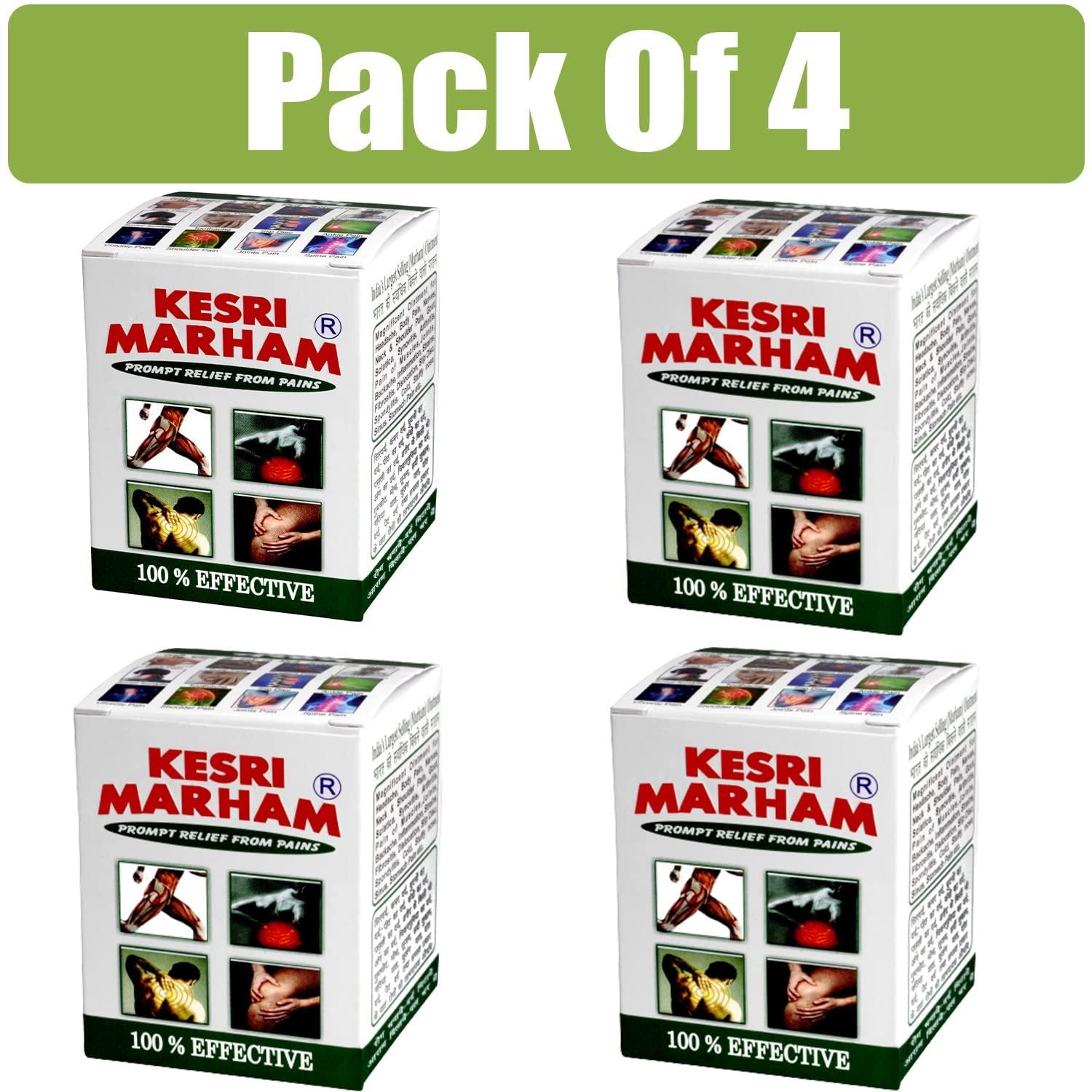 KESRI MARHAM Kesri Marham Ayurvedic Pain Relief Rub Massage Balm for Headache, Back Pain, Muscle,Joint & Knee Pain, Sports & Gym Non-Sticky Fast Absorption-Pack of 4 (each 12g)