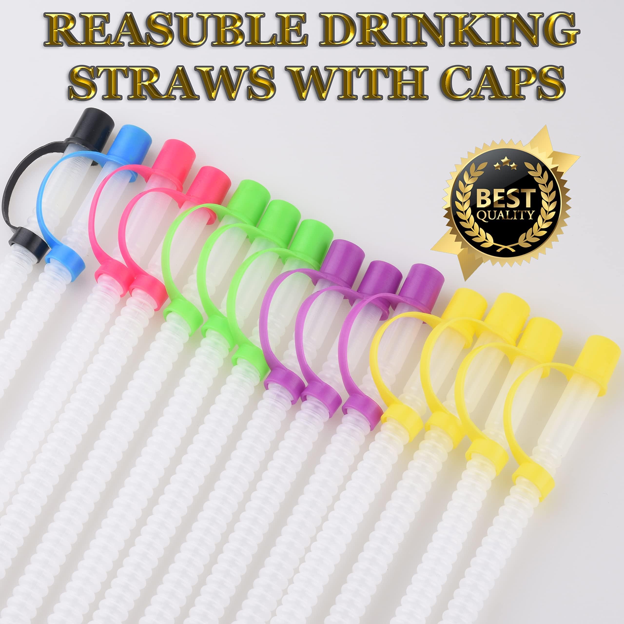 Diximus Bendable Straws with Straw Covers Cap - 11 inch Long Flexible Straws - Bendy Drinking Straws Reusable with Covers Cap Assorted Colors - 14 Pack