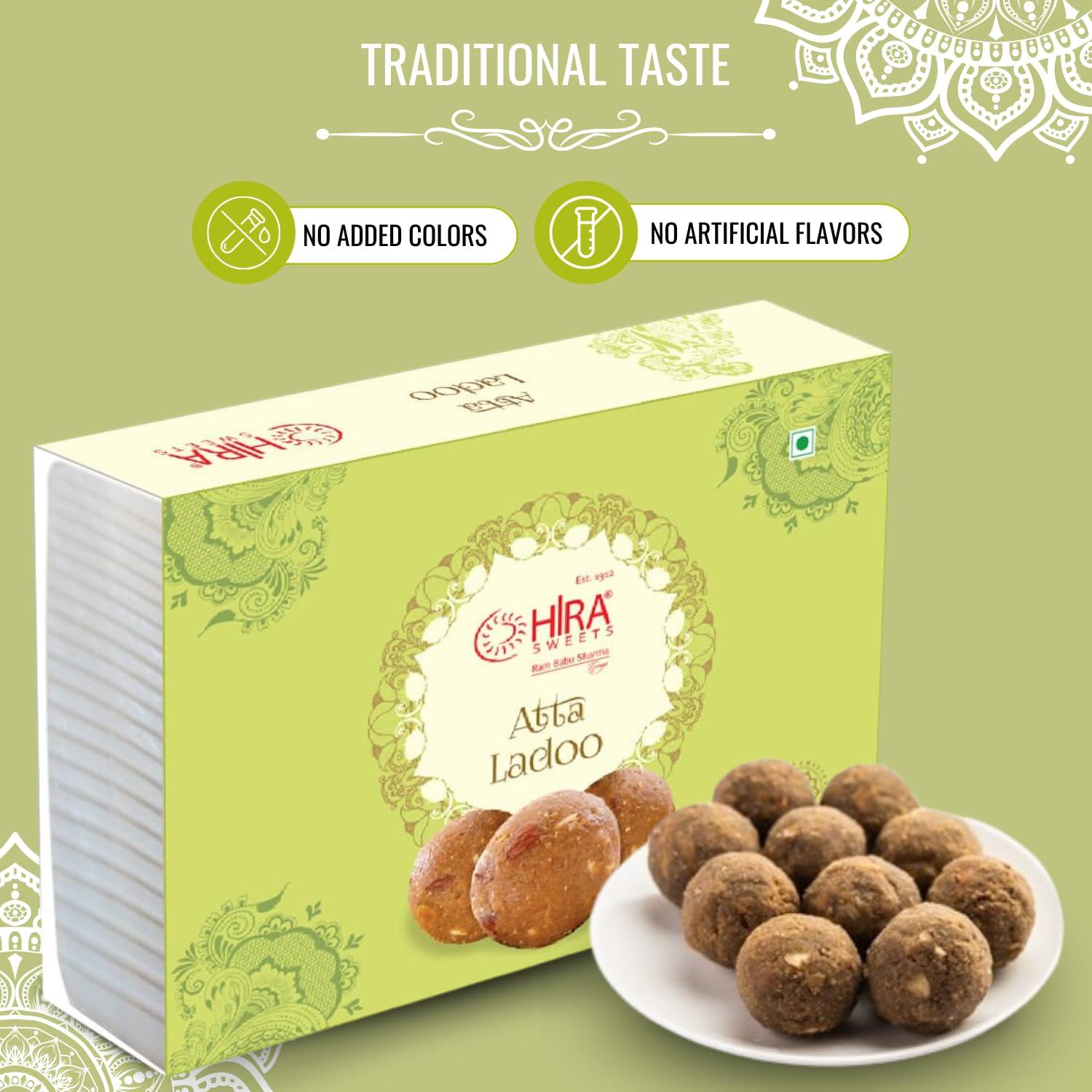 HIRA SWEETS HIRA SWEETS Atta Ladoo 500 g | Made with Pure Desi Ghee | Atta Laddu | Handcrafted Indian Traditional Sweets | Indian Mithai | No Added Colours or Flavors | Festival Indian Sweets Box