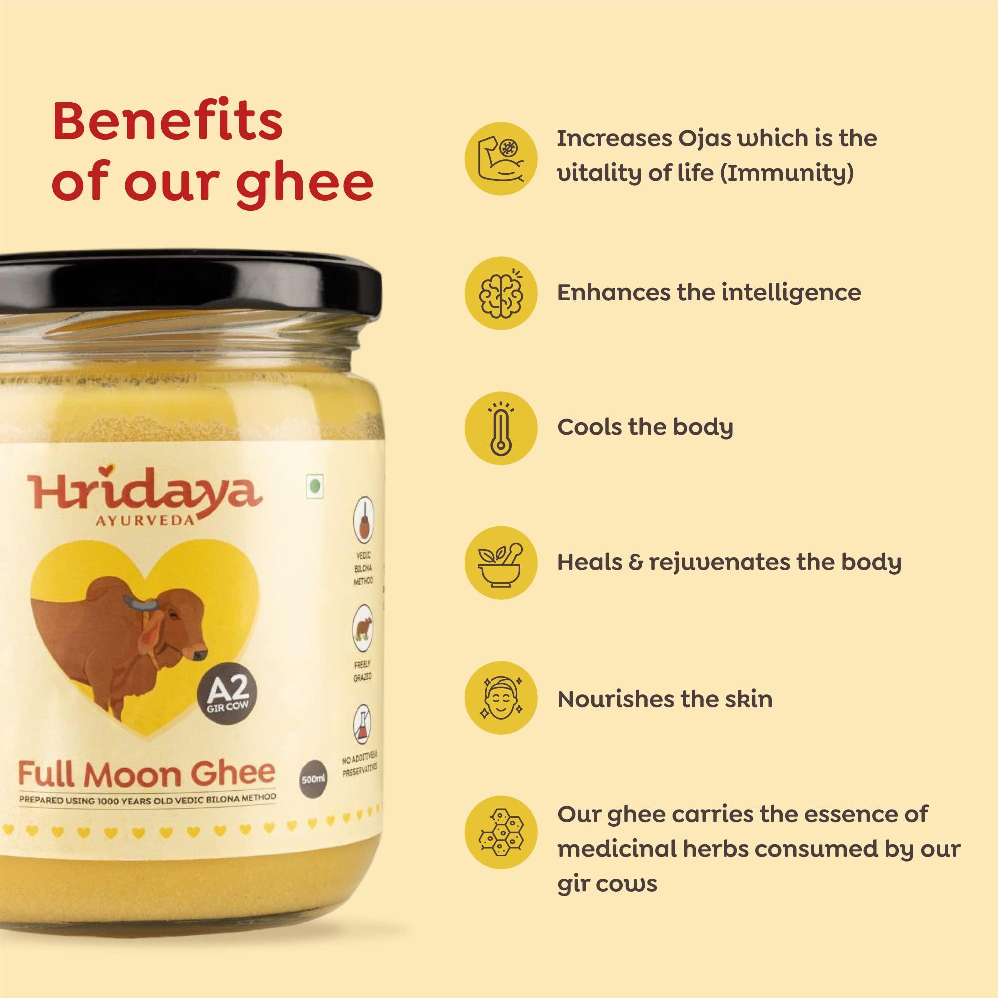 HRIDAYA AYURVEDA Hridaya Ayurveda A2 Gir Cow Ghee 500 ml - Vedic Bilona Method Curd Churned Ghee from Freely Grassed Cow - Unadulterated & Healthy Full Moon Cultured Cow Ghee
