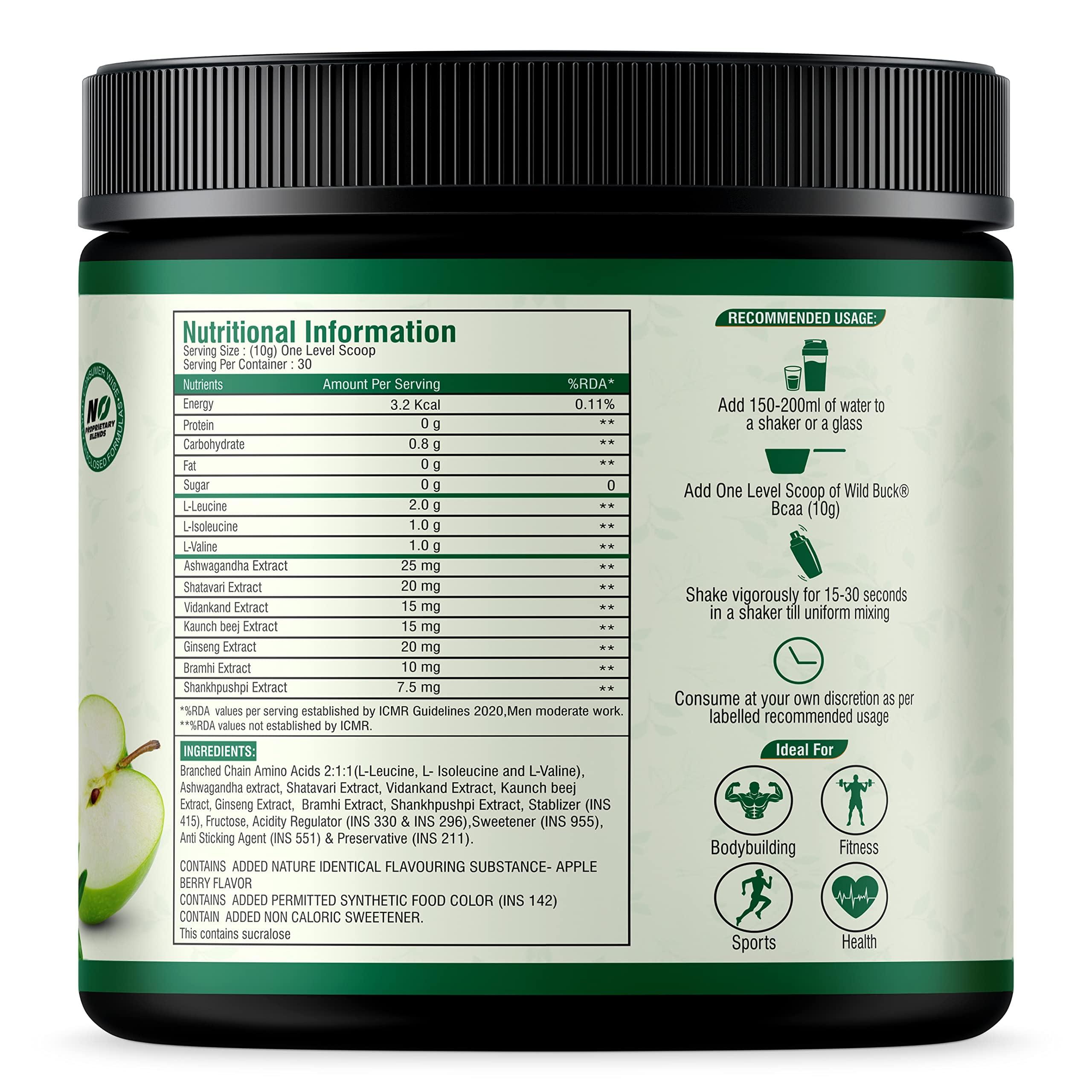 WILD BUCK WILD BUCK Creatine Monohydrate, 100% Pure Creatine, Energy Support Supplement [50 Servings, Blueberry] + Bcaa Powder For Muscle Endurance, For Women & Men [Apple Berry, 30 Servings, 300G]