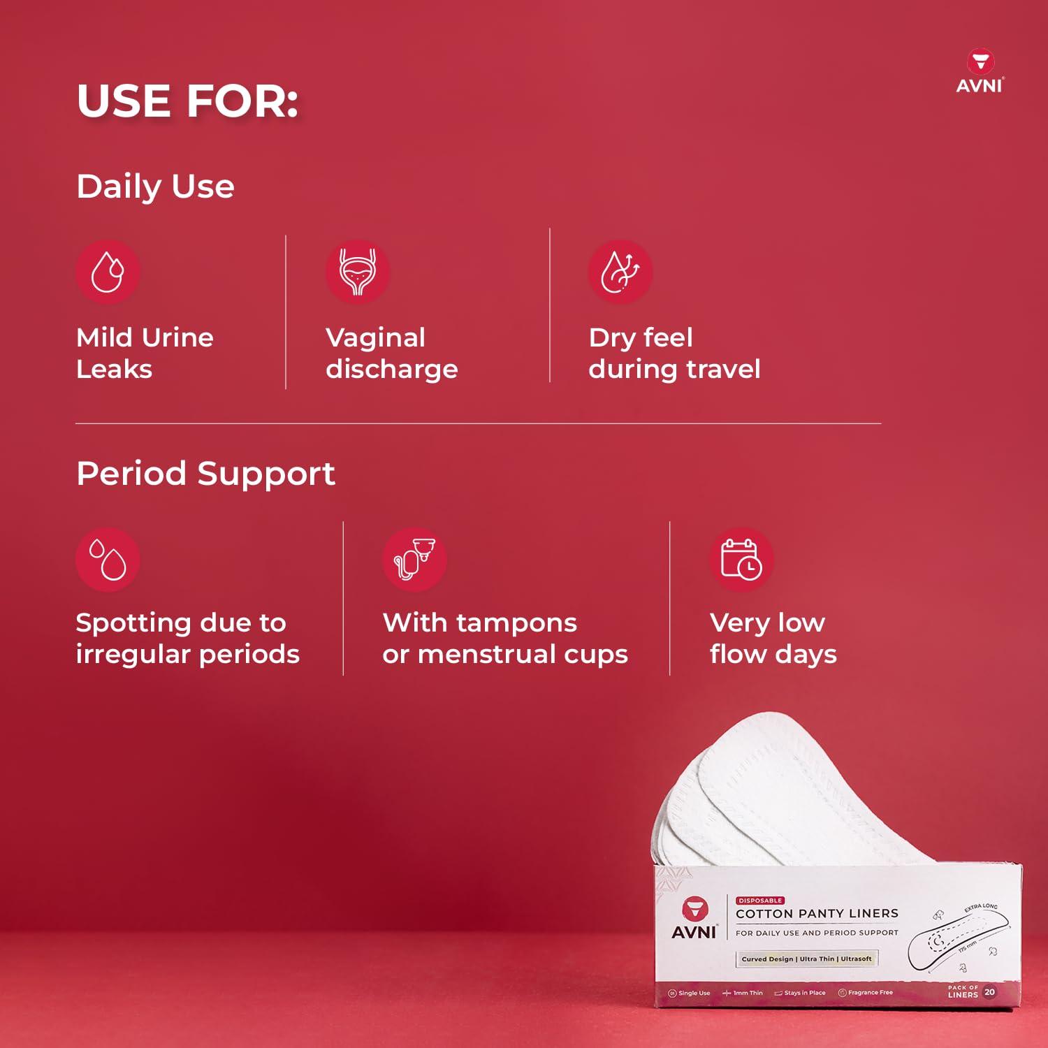 Avni Avni - Disposable Cotton Panty Liner | 20 count (Pack of 4) | 24 Hours Protection | Extra Long Coverage | Ultra Thin Layer | Anti - Slip Curved Design | MultiPurpose Use
