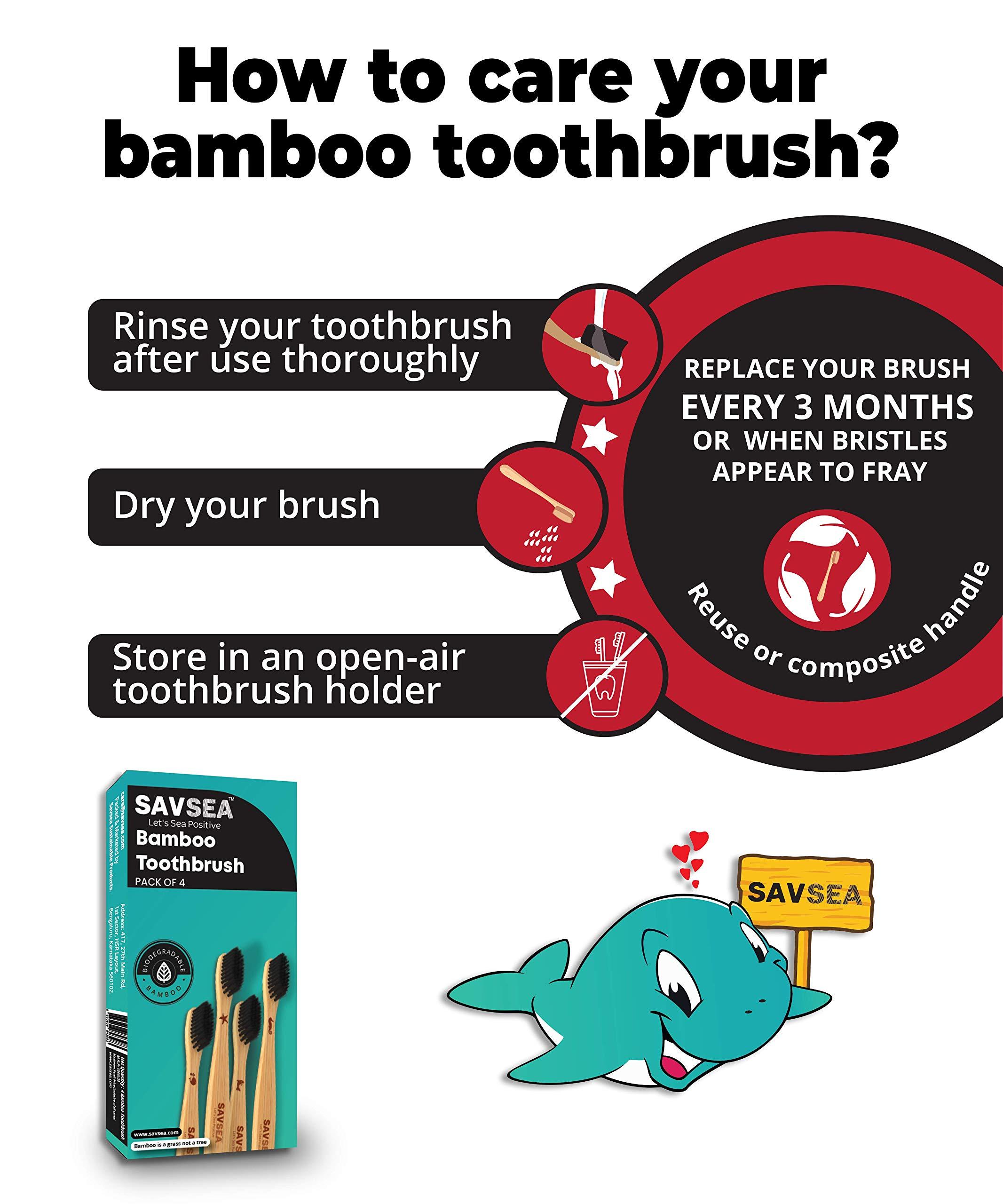 SAVSEA SavSea Bamboo toothbrush for adults | Charcoal bamboo toothbrush soft medium bristles| Pack of 4 adult toothbrush with biodegradable bamboo