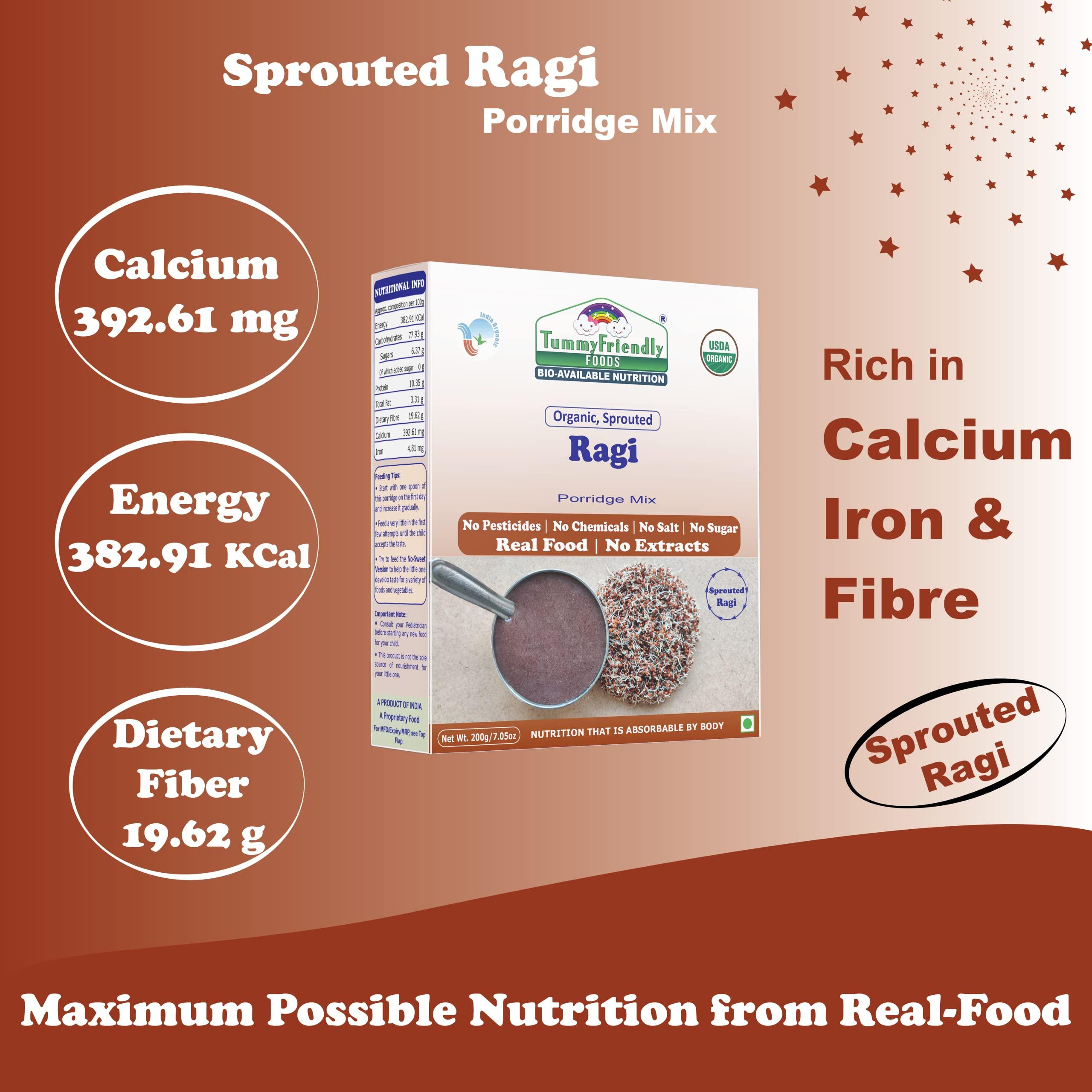 TUMMYFRIENDLY FOODS ; BIO-AVAILABLE NUTRITION TummyFriendly Foods Certified Organic Sprouted Ragi Flour For Little Ones. Made of Organic Sprouted Ragi Powder. Sprouted Ragi powder, rich in Calcium, Iron, Fibre & Micro-Nutrients. No Sugar, No Salt, No Milk, No Chemicals, No Pesticides. Ragi Sari