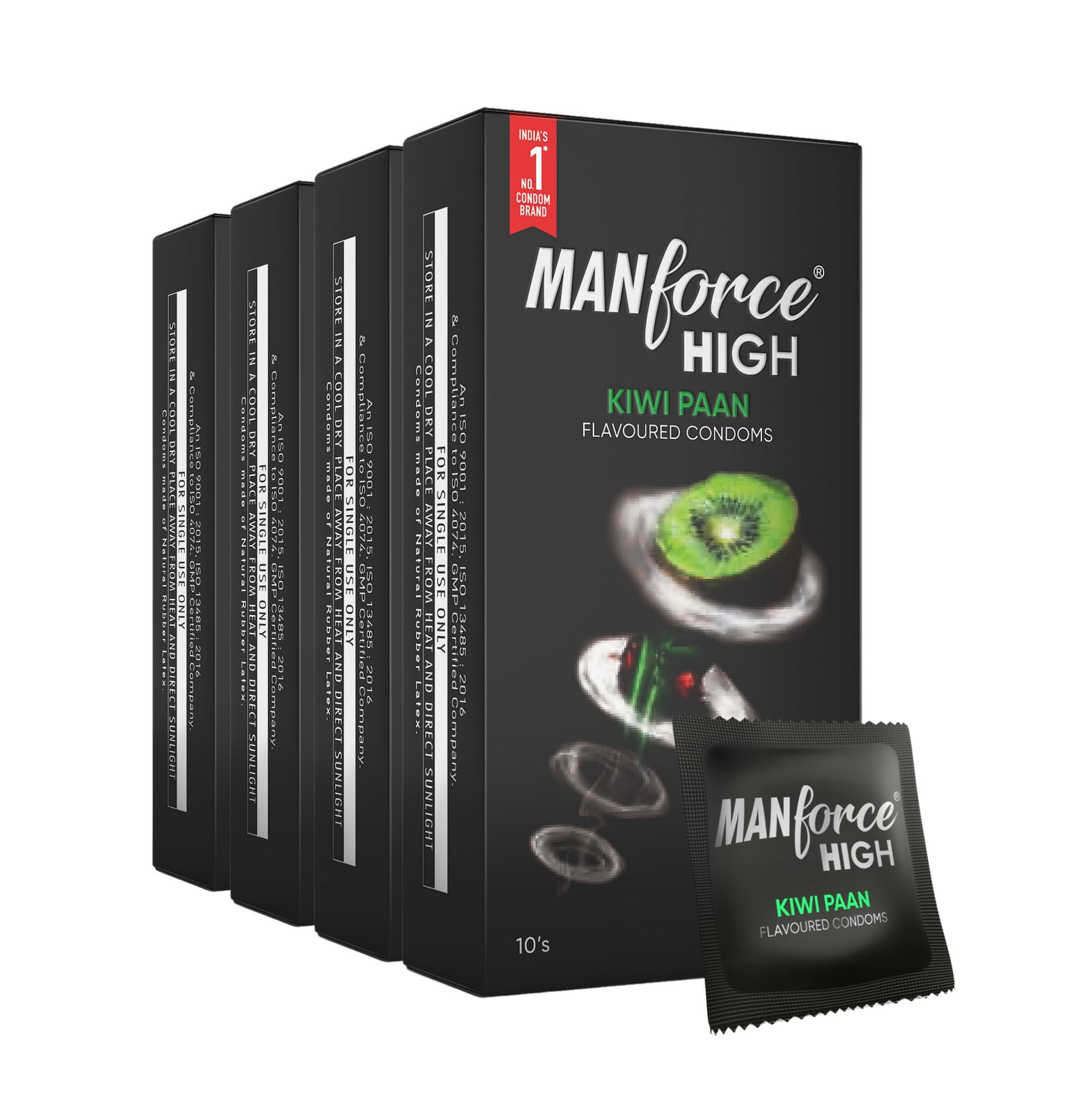 Manforce Manforce High Kiwi Paan Flavoured Condoms for Men| 10 Count| Ultra Thin| Lubricated Latex Condoms For Her Enhanced Pleasure x Pack of 4