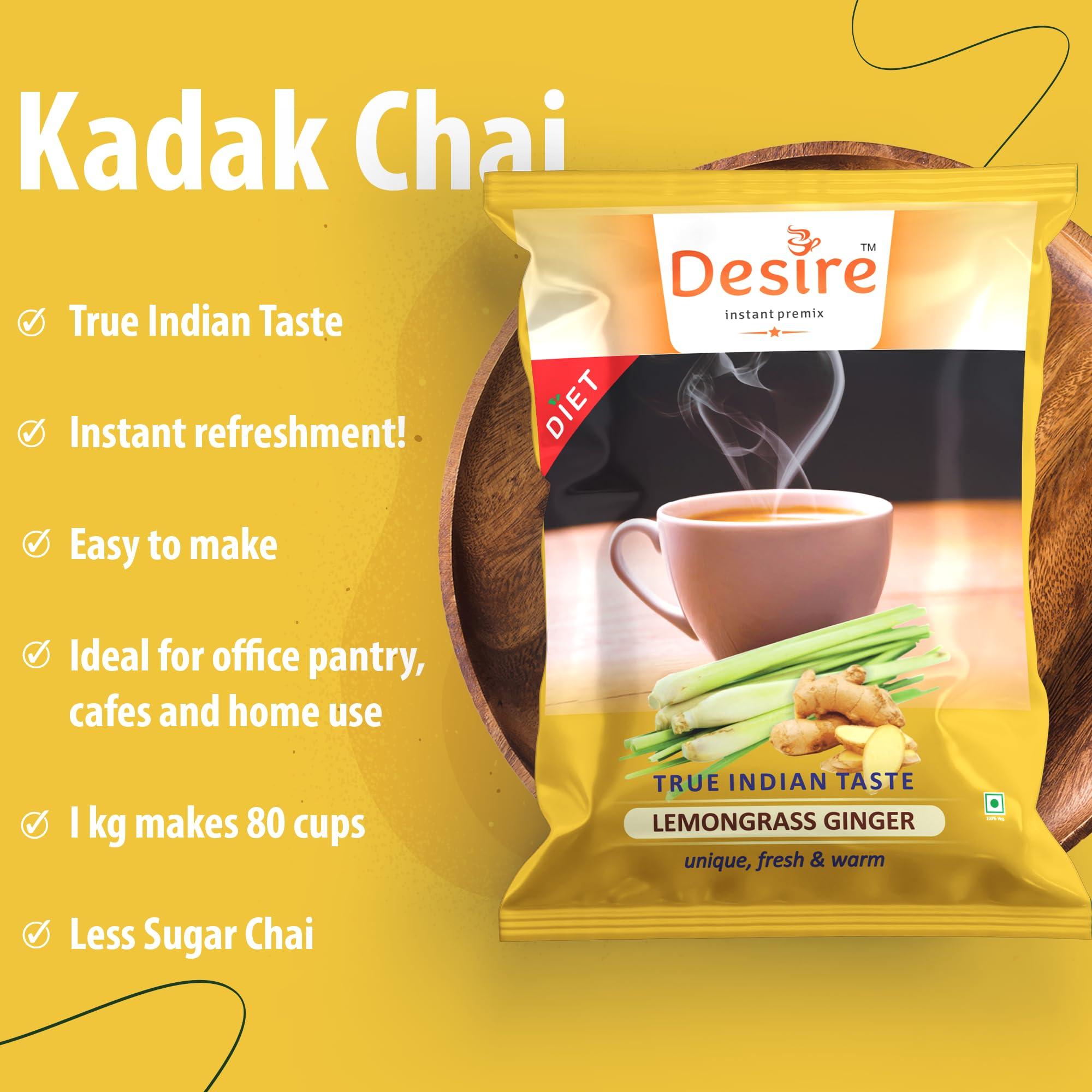 Desire instant premix Desire Instant Premix Lemongrass Ginger Tea Powder Low Sugar (Diet) - Boost Immunity Chai - Ideal for Manual or Vending Machines Use - Infused with Natural Lemongrass Plant and Ginger Extract - 500g