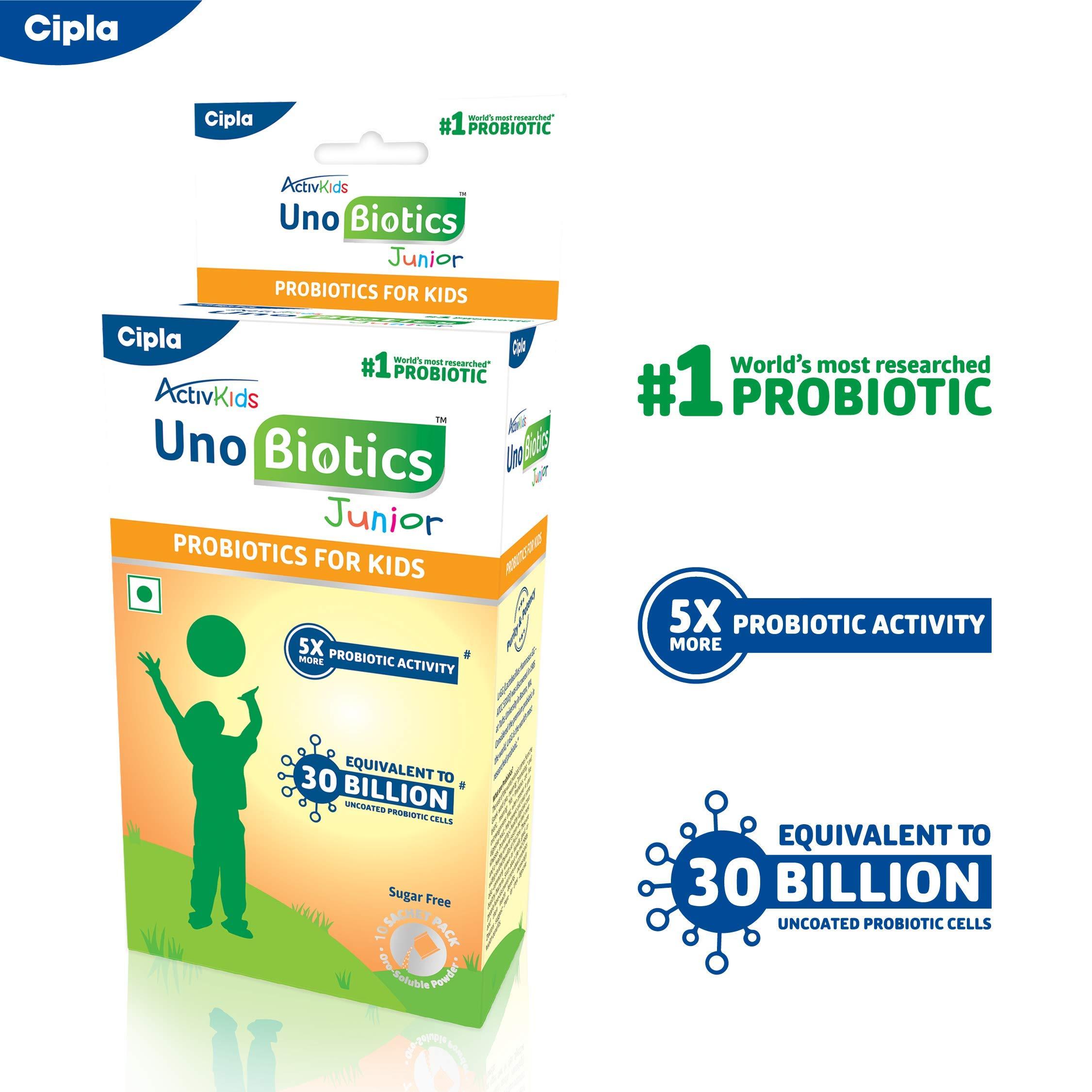 Cipla Cipla ActivKids Unobiotics Junior With 5X More Probiotic Activity |Powder Helps Build Immunity & Refills Good Bacteria | Probiotics for Kids - 10 Sachets