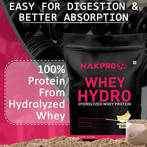 NAKPRO NAKPRO HYDRO Whey Protein Hydrolyzed | 25.4g Protein, 5.8g BCAA | Easy Mixing, Low Carbs, Easy Digesting Whey Protein Supplement Powder for Men, Women & Athletes | 1 Kg (Banana)