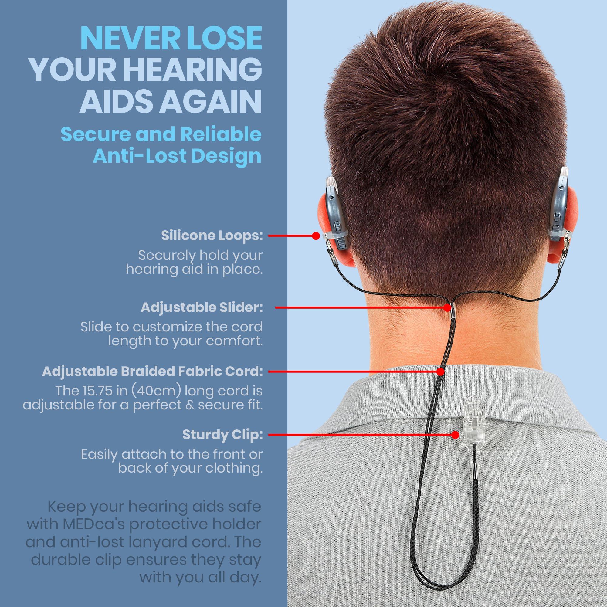 MEDca Hearing Aid Clip - Protective Holder with Anti Lost Lanyard Cord - Rope with Loops and Clip and Security Clip Ideal for Behind the Ear Hearing Aids and Personal Sound Amplifiers