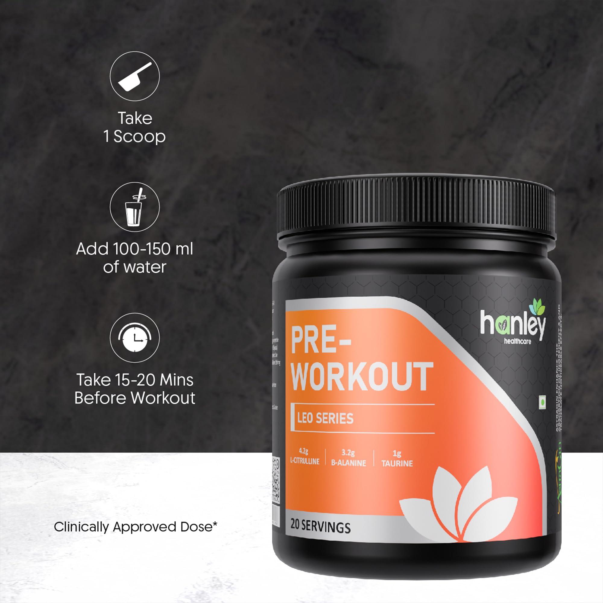 Hanley Healthcare Hanley Leo Pre-Workout with Astragin - Pre Workout Supplement for Men - Orange Flavor (20 Servings, 300g)