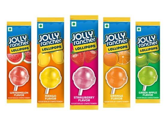 Kten SINCE 1984 TASTY FOOD... HEALTHY MOOD! Kten Joly Rancher Lollipop 10.5g Mango, Orange, Watermelon, Strawberry, Green Apple, Flavor (pack of 5) with Raisins 100grm