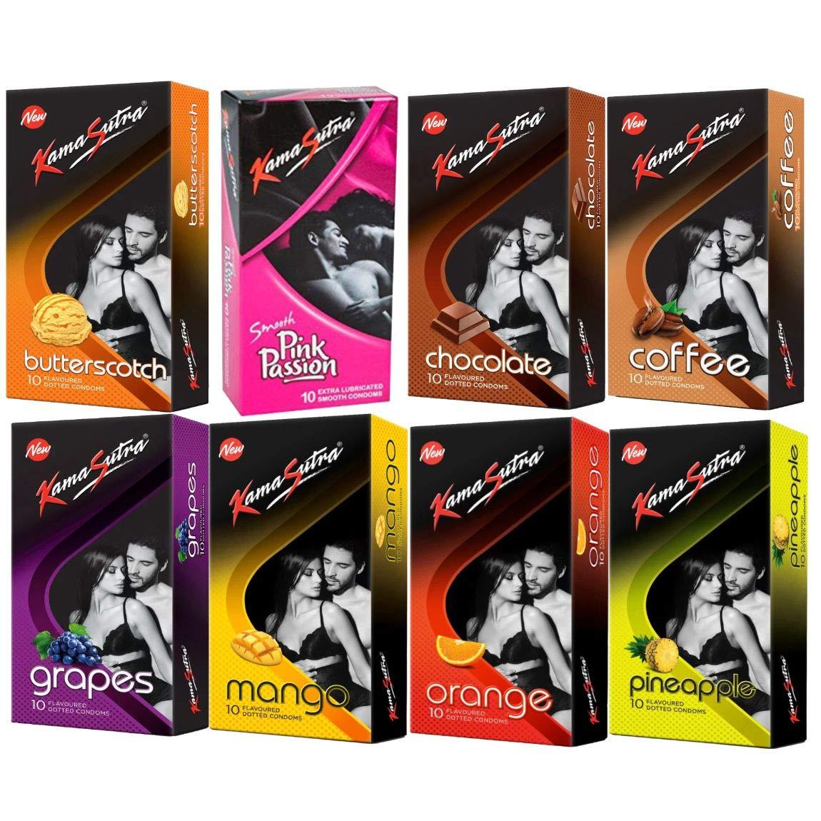 KS A \'KAMASUTRA\' Lubricated Condoms Multi Colored Butterscotch Flavour Condom Made of Natural Rubber Latex For Men(8 Pack Of 80 Condom)