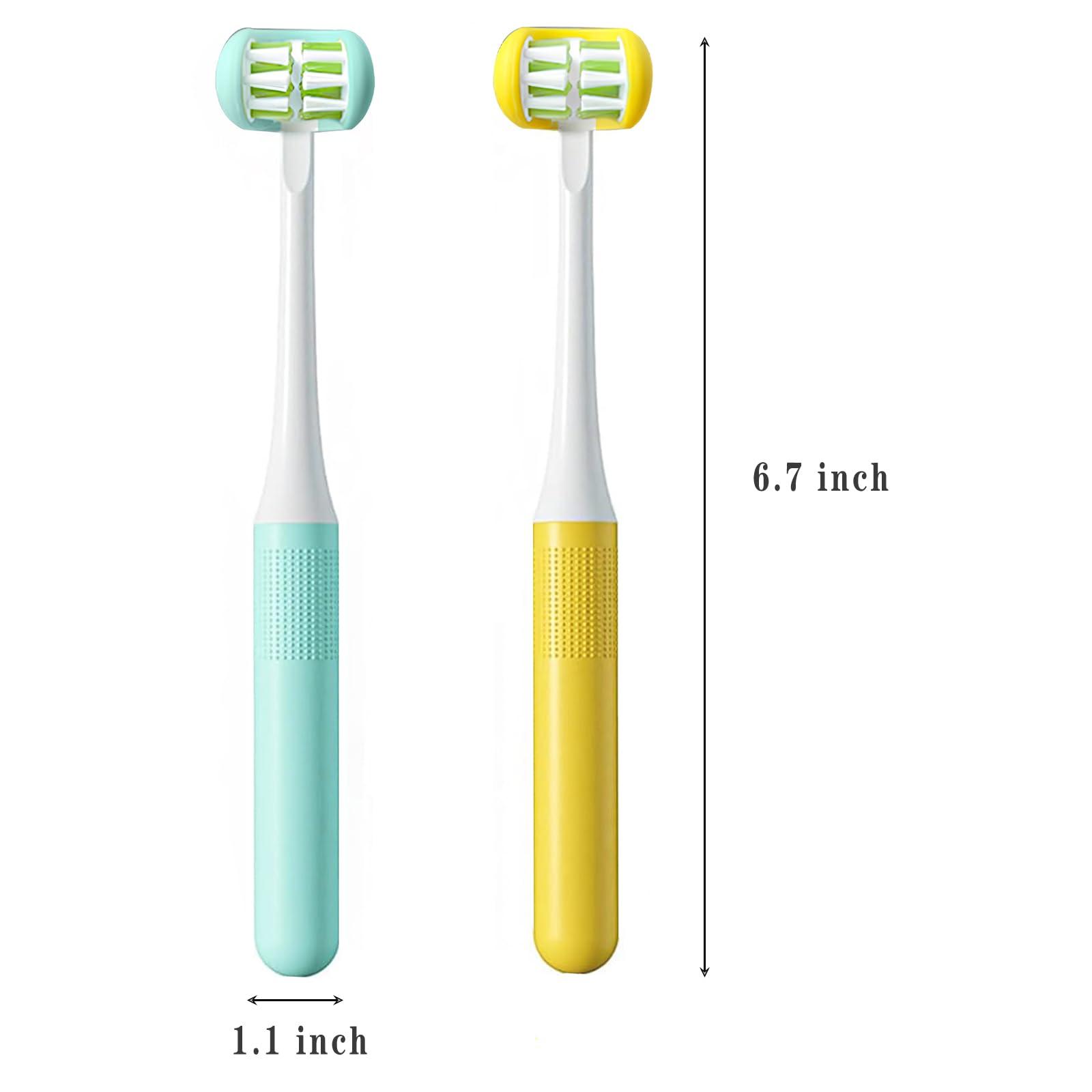 FOREVIVE FOREVIVE 2 Pieces 3 Sided Toddler Toothbrush, Three Bristles for Kids Toothbrush, Autism Soft Bristles Toothbrush,Soft and Gentle for Complete Tooth and Gum Care(C1Blue+Yellow Kids)