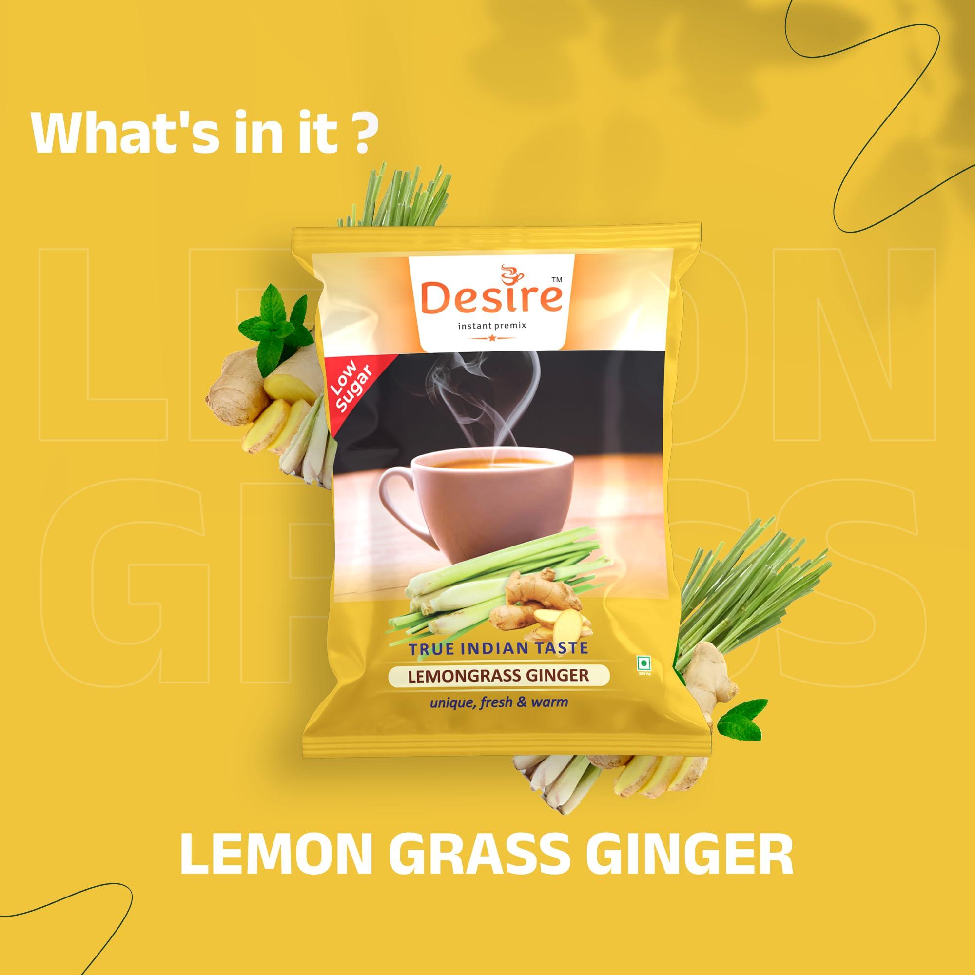 Desire instant premix Desire Instant Premix Lemongrass Ginger Tea Powder Low Sugar (Diet) - Boost Immunity Chai - Ideal for Manual or Vending Machines Use - Infused with Natural Lemongrass Plant and Ginger Extract - 500g