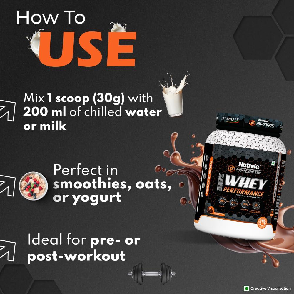 NUTRELA NUTRELA Sports Patanjali Premium 100% Whey Concentrate with Isolate Protein Powder | 80% Protein, 6.7g BCAA, 4.9g Glutamine | 1kg  Irish Chocolate Flavour
