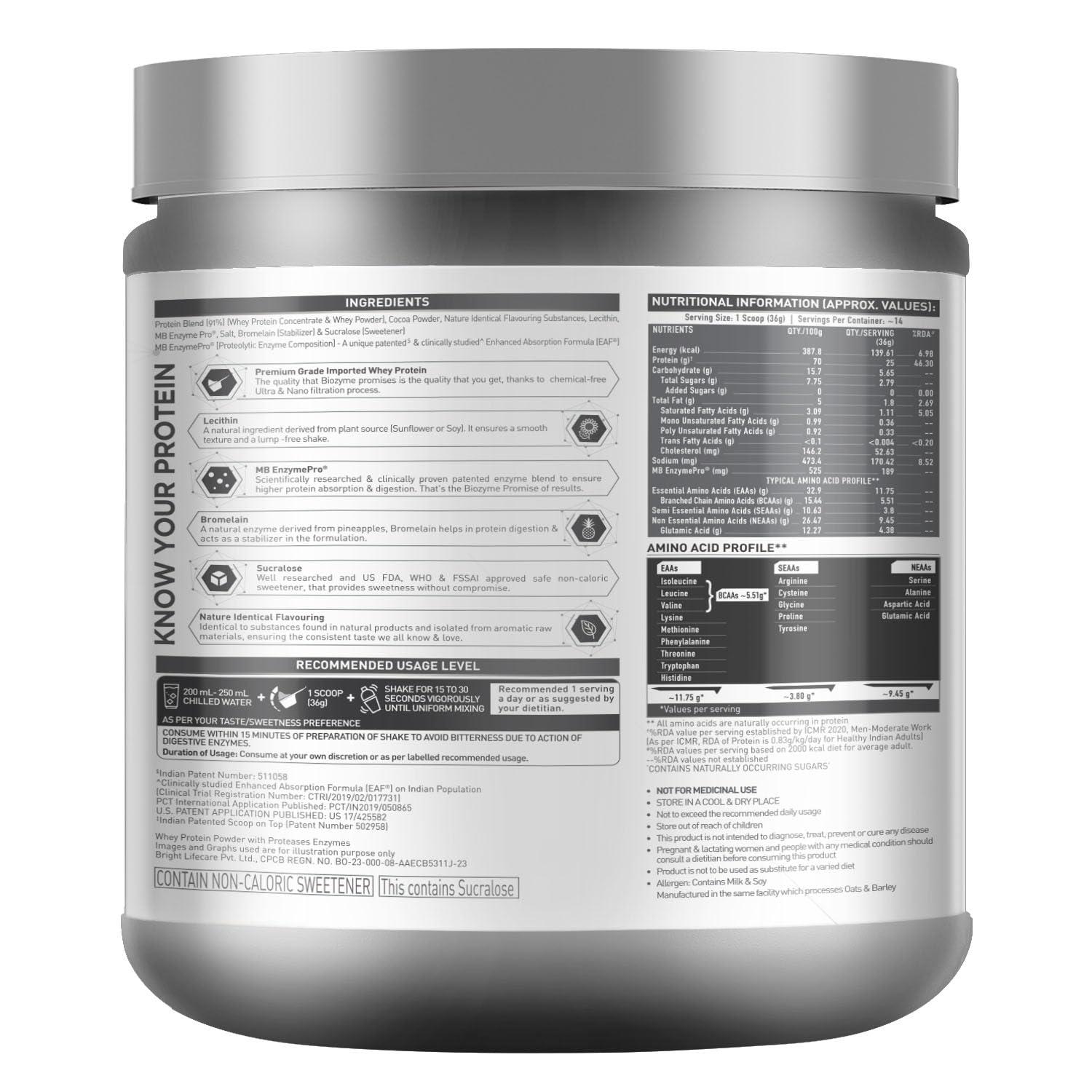 MuscleBlaze MuscleBlaze Biozyme Performance Whey Protein | Clinically Tested 50% Higher Protein Absorption | Informed Choice UK, Labdoor USA Certified & US Patent Filed EAF (Rich Chocolate, 500 g / 1.1 lb)