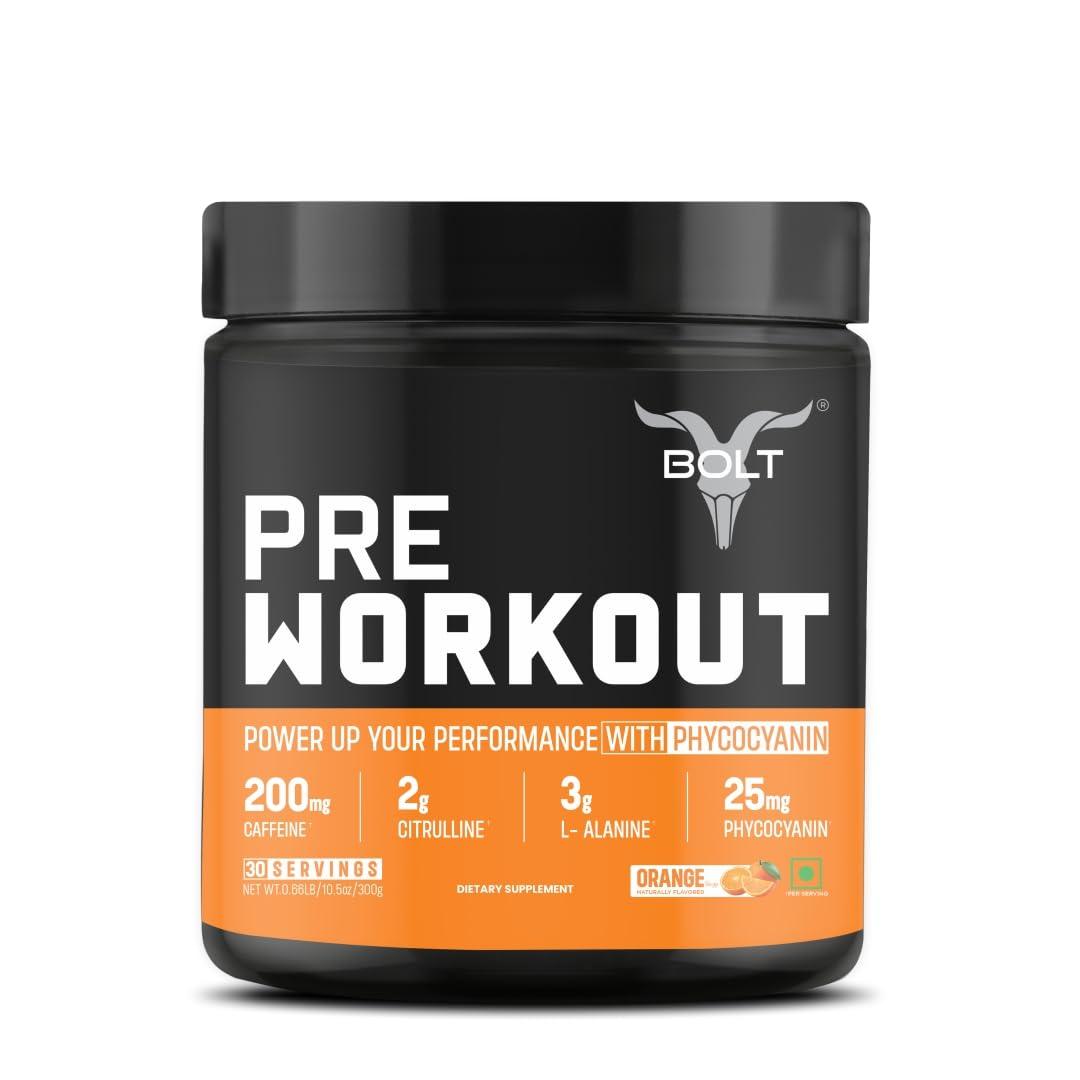 Bolt Bolt Nutrition Pre Workout Supplement With Caffeine Powder, Citrulline Malate, B-Alanine, Taurine For Explosive Energy, Pump & Focus 300G,30 Servings Orange Tangy