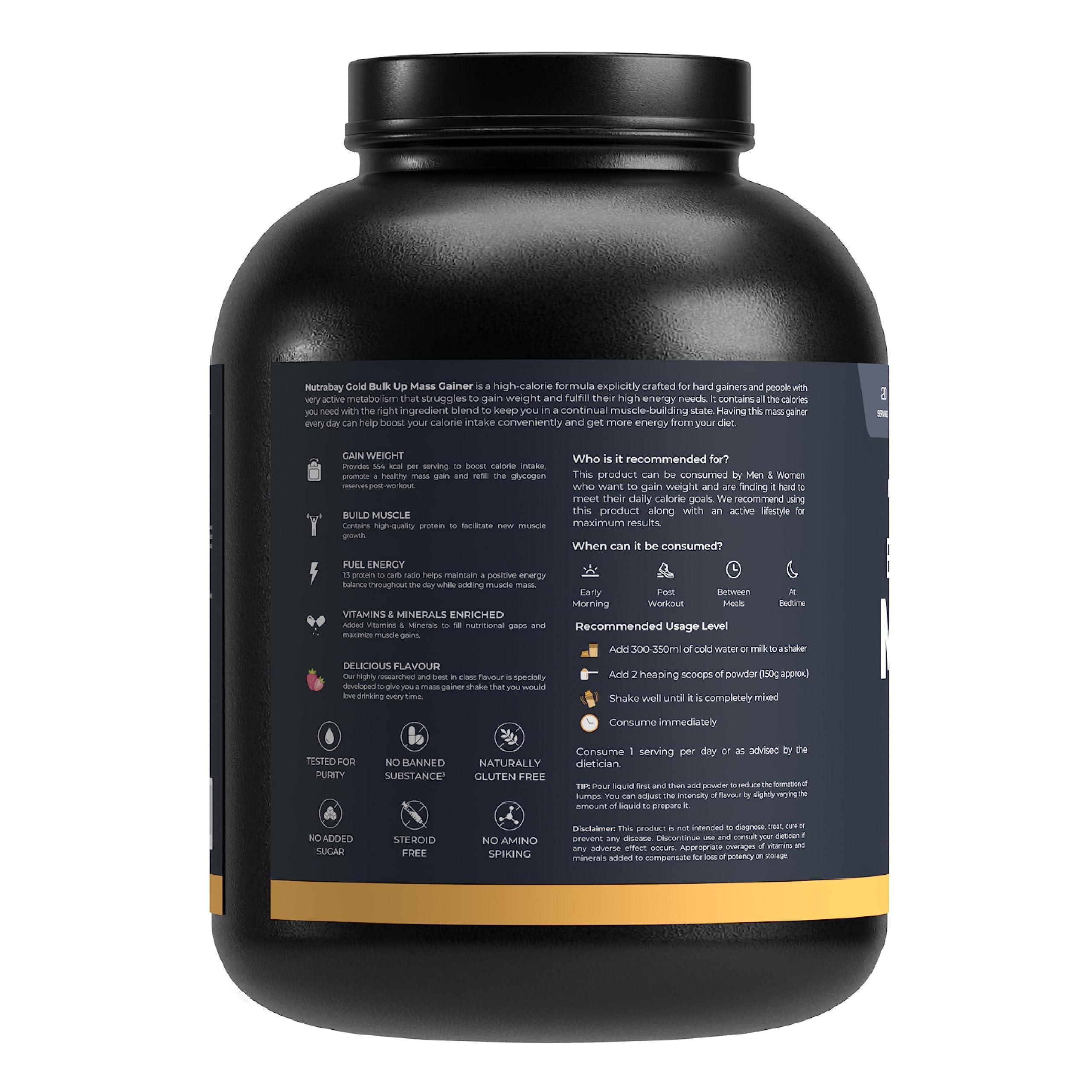 Nutrabay Nutrabay Gold Bulk Up Mass Gainer Powder - 3kg, Strawberry | 30g Protein, 104g Carbs, 554 Calories | Easy to Digest | 100% Veg Muscle Building & Weight Gainer Supplement for Men & Women