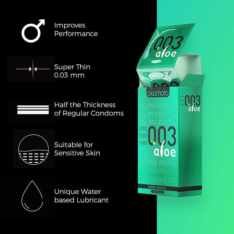 OKAMOTO Okamoto 003 Japans Best Aloe Condoms | Only Natural Water Based Lube Condom in India |Thinnest Premium Condoms for Men - Made In Japan | 0.03 mm thin Extra Lubricated | Pack of 2 | 20s Condoms