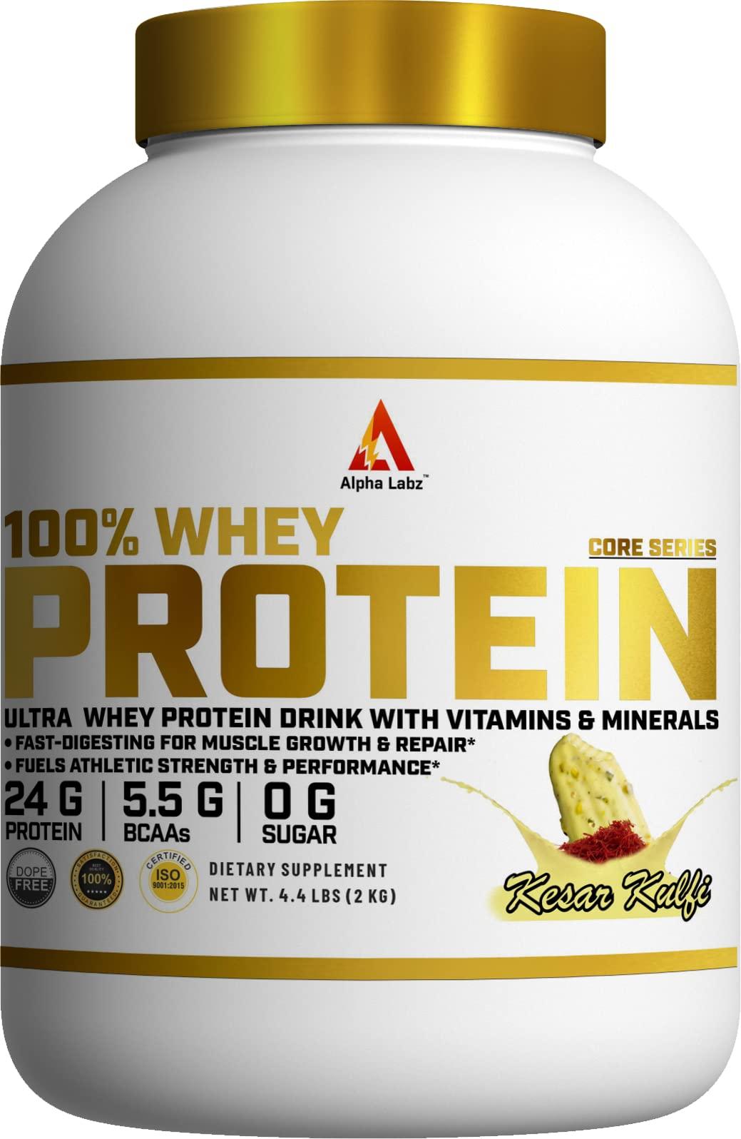 Alpha Labz Alpha Labz Whey Protein Supplement - 100% Whey Protein | Post Workout Whey Protein Isolate - 24g Protein, 5.5g BCAA, 2g Creatine for Fast Recovery & Lean Muscle| Mass Gainer Protein Powder | Protein Powder for Muscle Gain & Muscle Builder for Men and