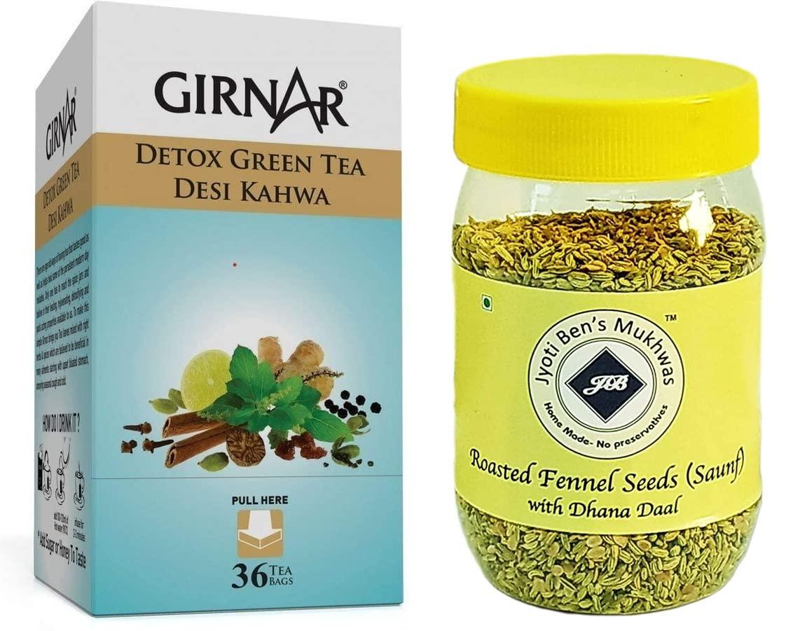 Generic Girnar Detox Green Tea (36 Tea Bags) + Jyoti Ben's Mukhwas Roasted Saunf With Dhana Daal 200g