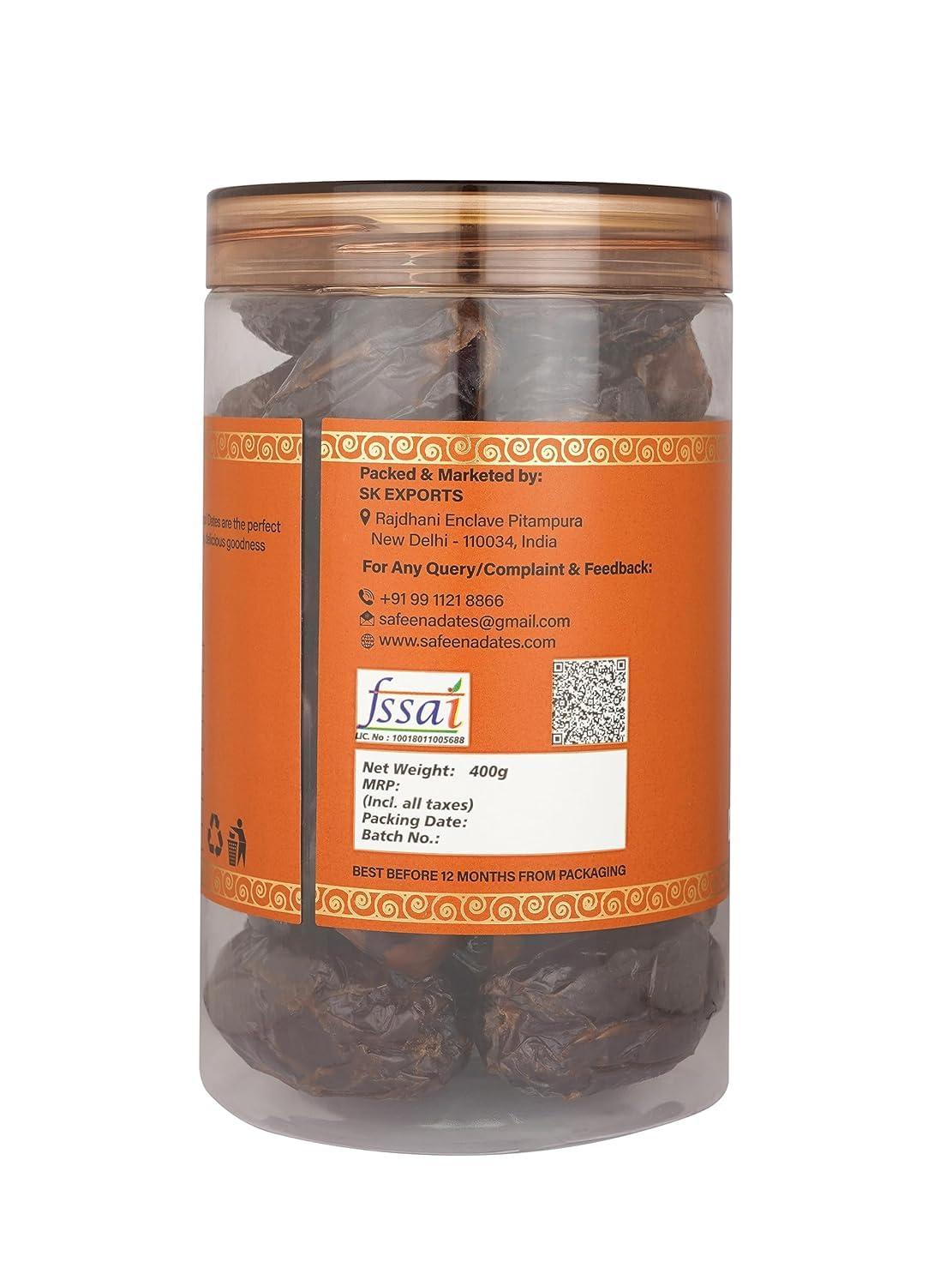 SAFEENA Safeena Jumbo Seedless (Pitted) Medjool Dates 400G | 100% Natural | No Added Sugar | No Preservatives | Gluten Free | Vegan | Non-Gmo | Khajur | Khajoor | Instant Energy | Rich In Calcium & Iron |Seedless| Fresh | Juicy & Delicious | Naturally Sweet
